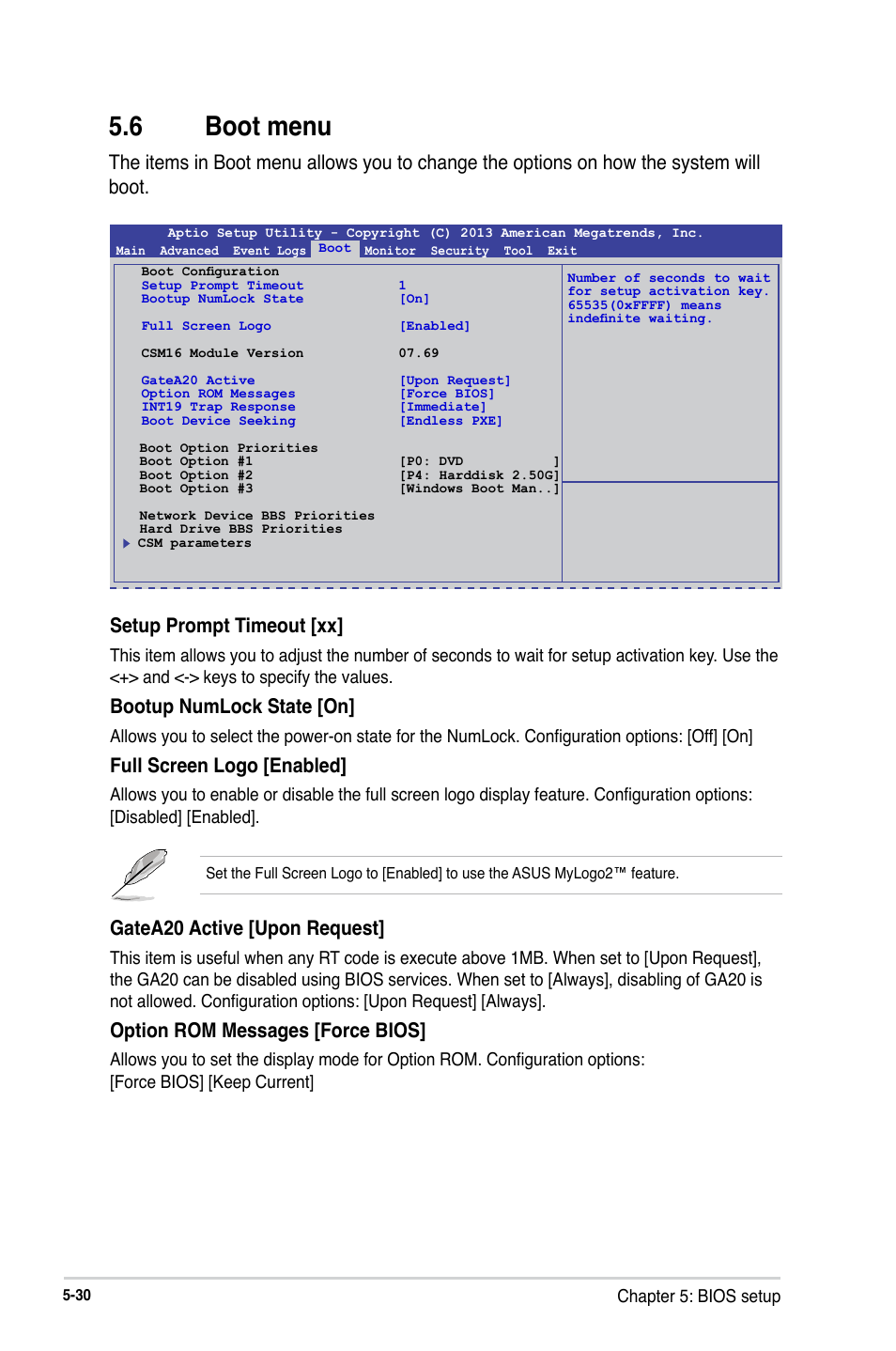 6 boot menu, Bootup numlock state [on, Full screen logo [enabled | Gatea20 active [upon request, Option rom messages [force bios | Asus RS300-E8-RS4 User Manual | Page 100 / 158