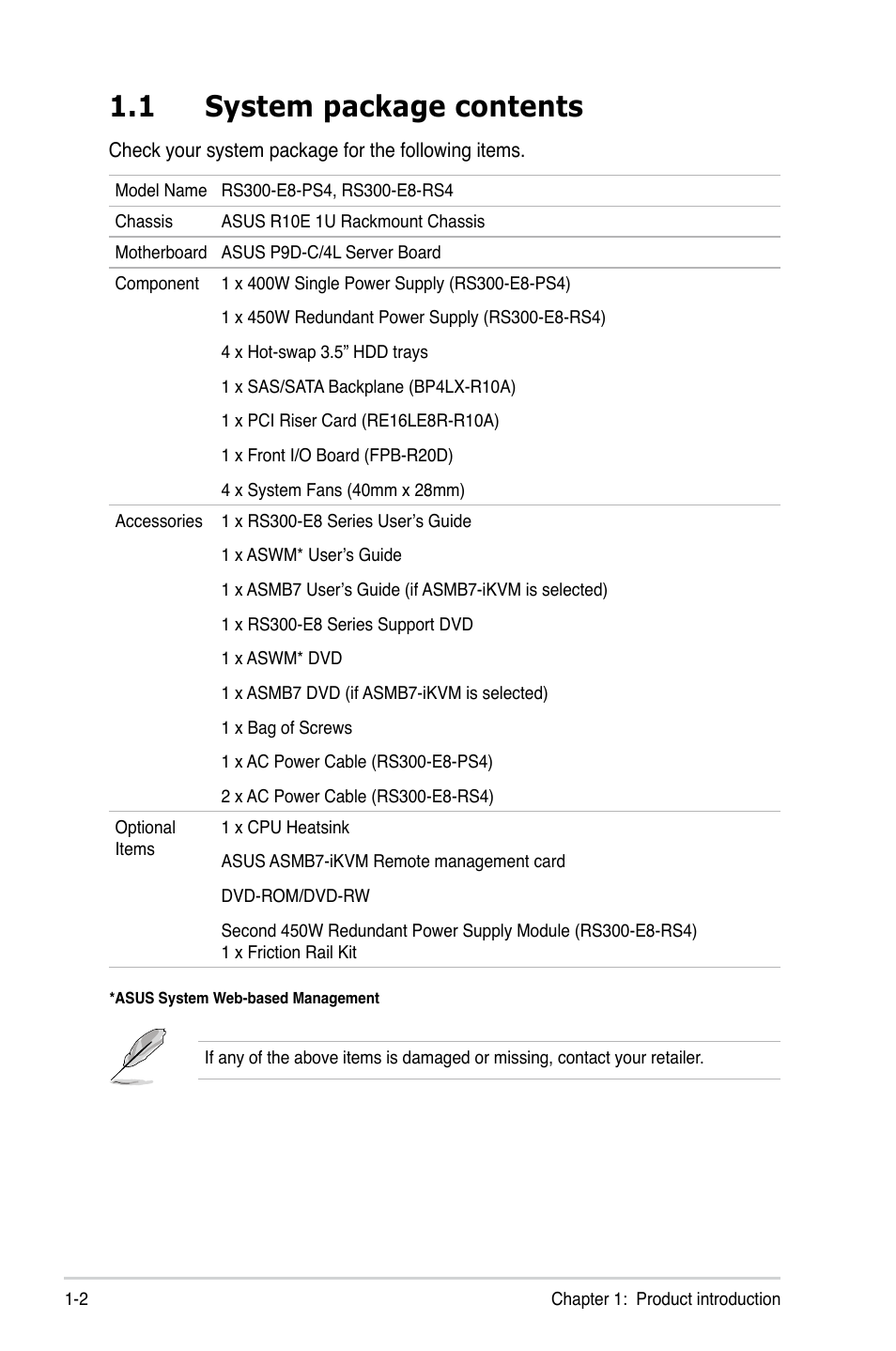 1 system package contents | Asus RS300-E8-RS4 User Manual | Page 14 / 158