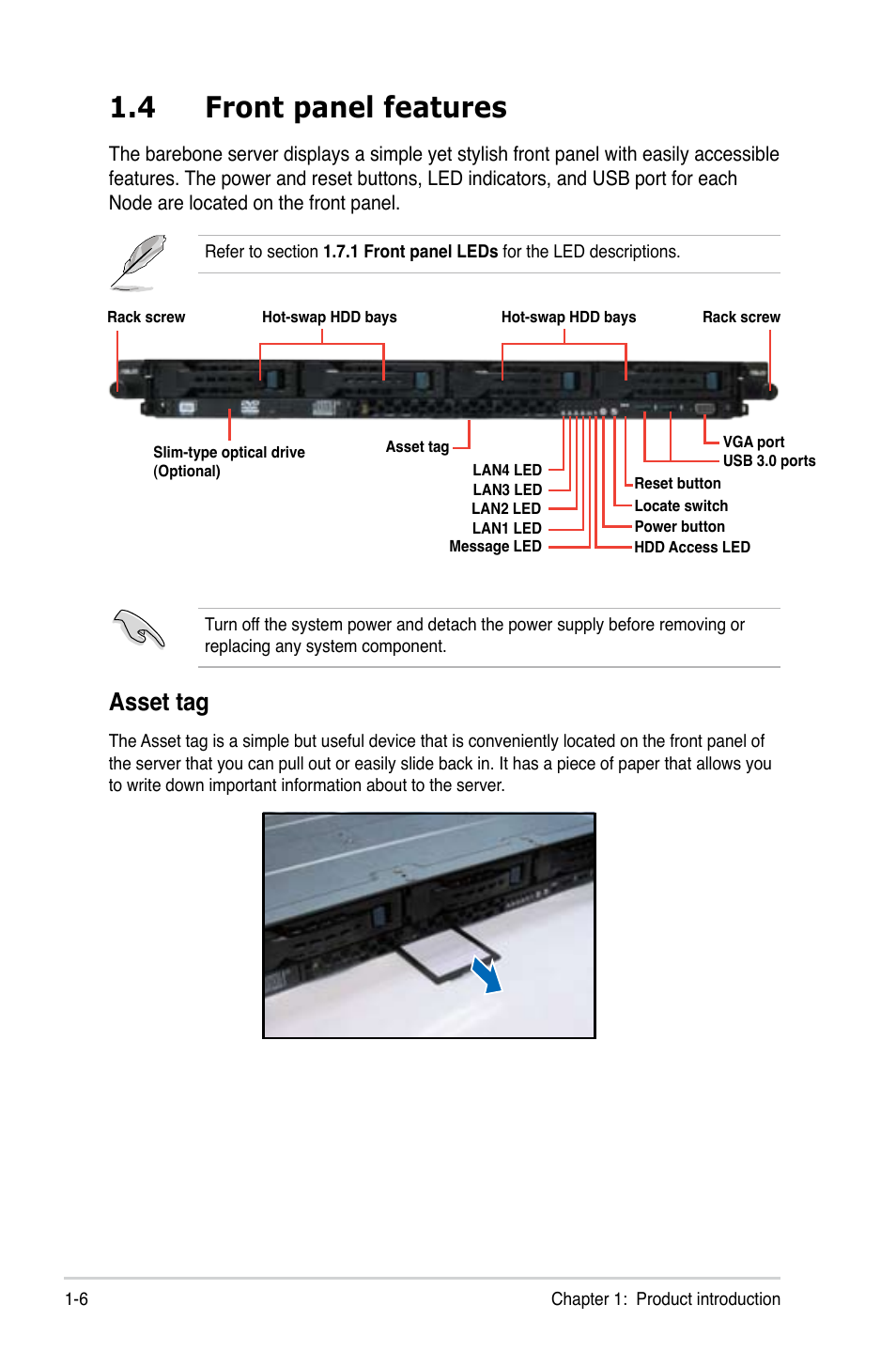 4 front panel features, Asset tag | Asus RS300-E8-RS4 User Manual | Page 18 / 158