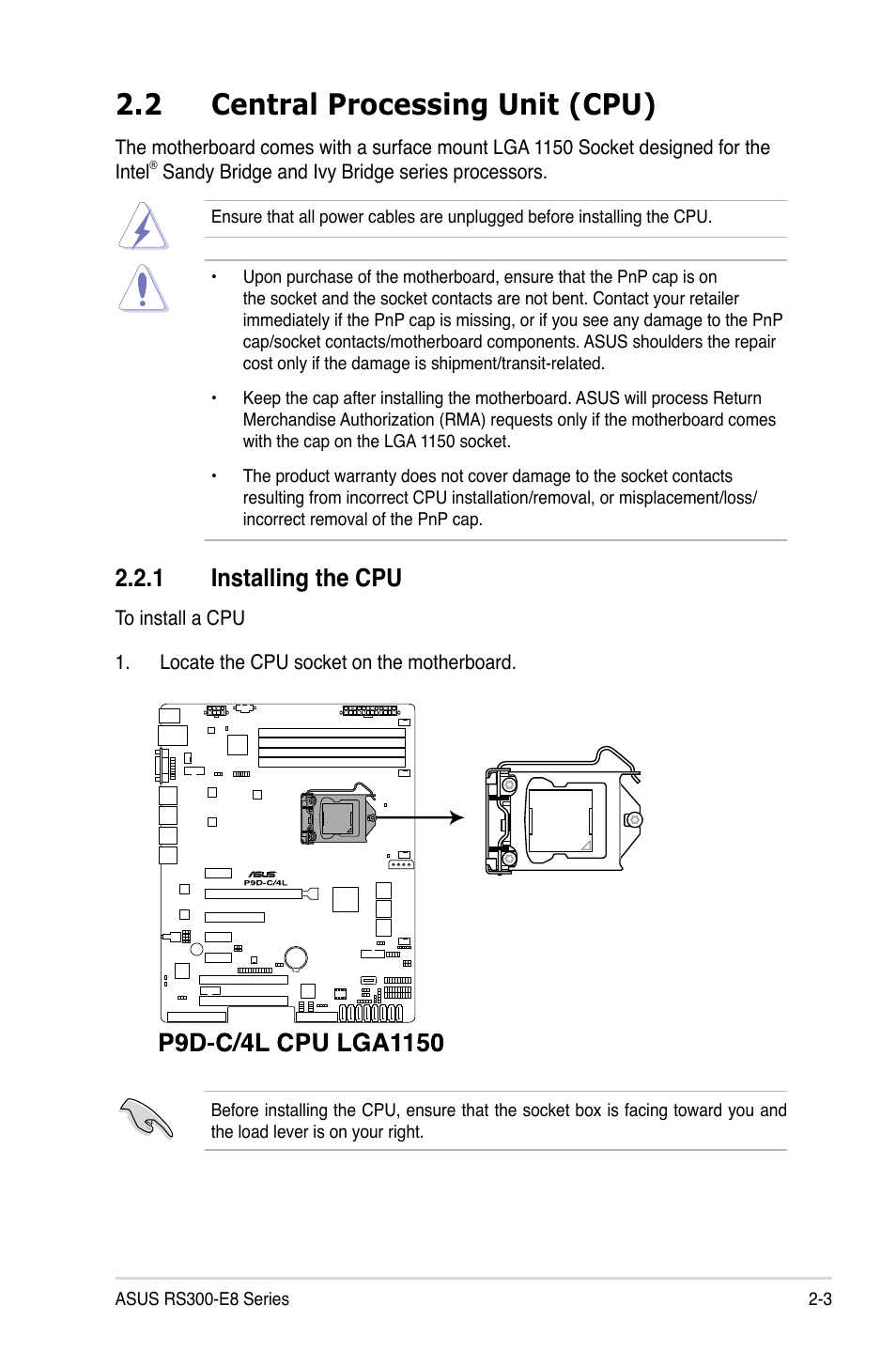 2 central processing unit (cpu), 1 installing the cpu | Asus RS300-E8-RS4 User Manual | Page 25 / 158