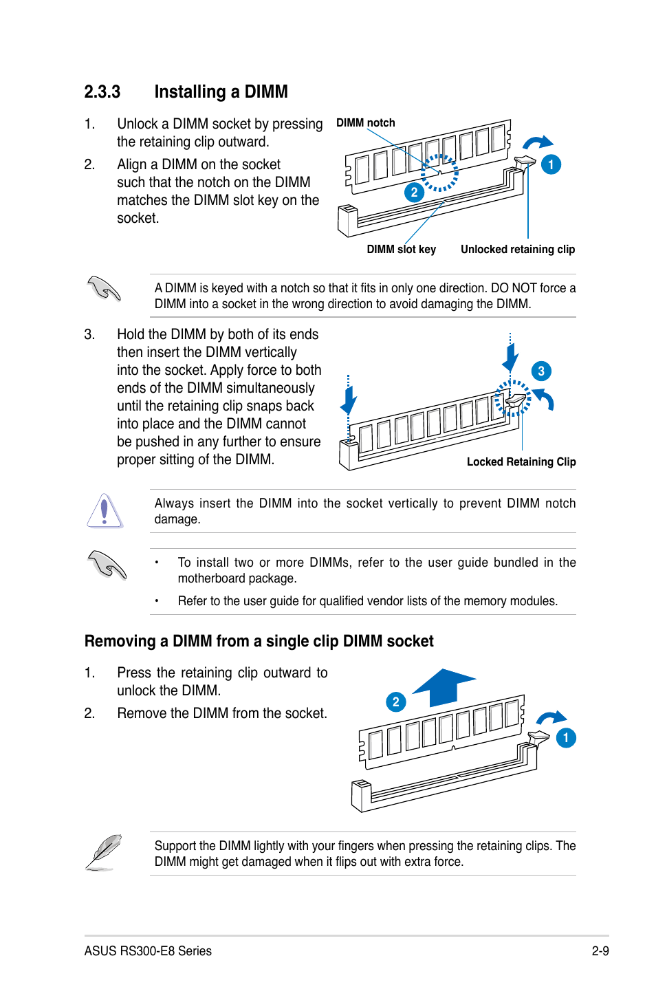 3 installing a dimm, Removing a dimm from a single clip dimm socket | Asus RS300-E8-RS4 User Manual | Page 31 / 158