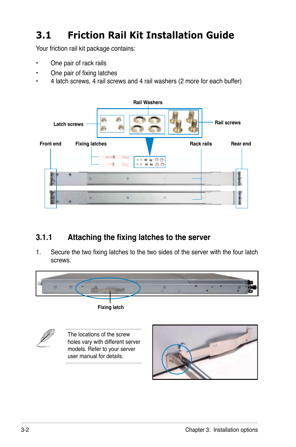 1 friction rail kit installation guide, 1 attaching the fixing latches to the server | Asus RS300-E8-RS4 User Manual | Page 46 / 158