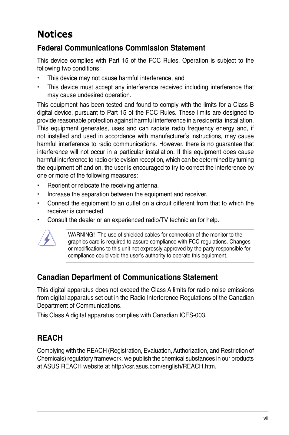 Notices, Reach, Federal communications commission statement | Canadian department of communications statement | Asus RS300-E8-RS4 User Manual | Page 7 / 158