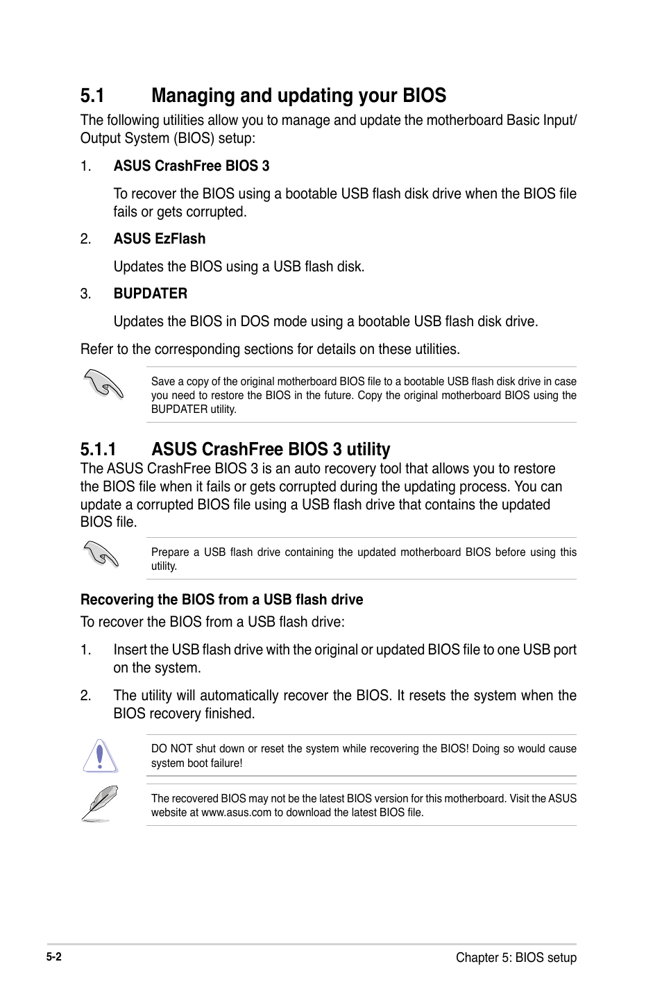 1 managing and updating your bios, 1 asus crashfree bios 3 utility | Asus RS300-E8-RS4 User Manual | Page 72 / 158