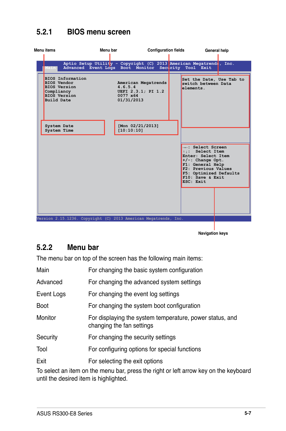 2 menu bar, 1 bios menu screen | Asus RS300-E8-RS4 User Manual | Page 77 / 158