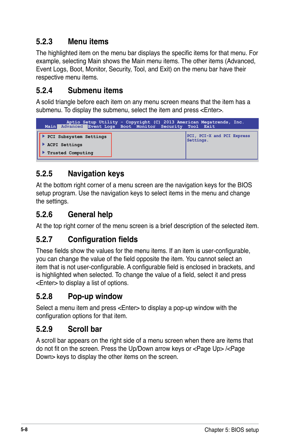 3 menu items, 4 submenu items, 5 navigation keys | 6 general help, 7 configuration fields, 8 pop-up window, 9 scroll bar | Asus RS300-E8-RS4 User Manual | Page 78 / 158