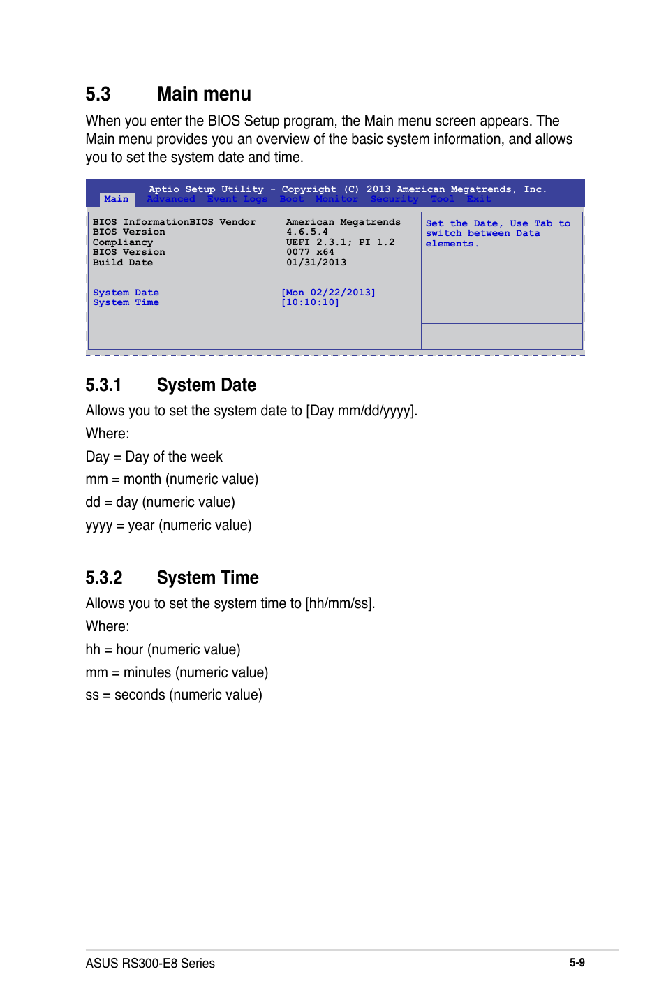 3 main menu, 1 system date, 2 system time | Asus RS300-E8-RS4 User Manual | Page 79 / 158