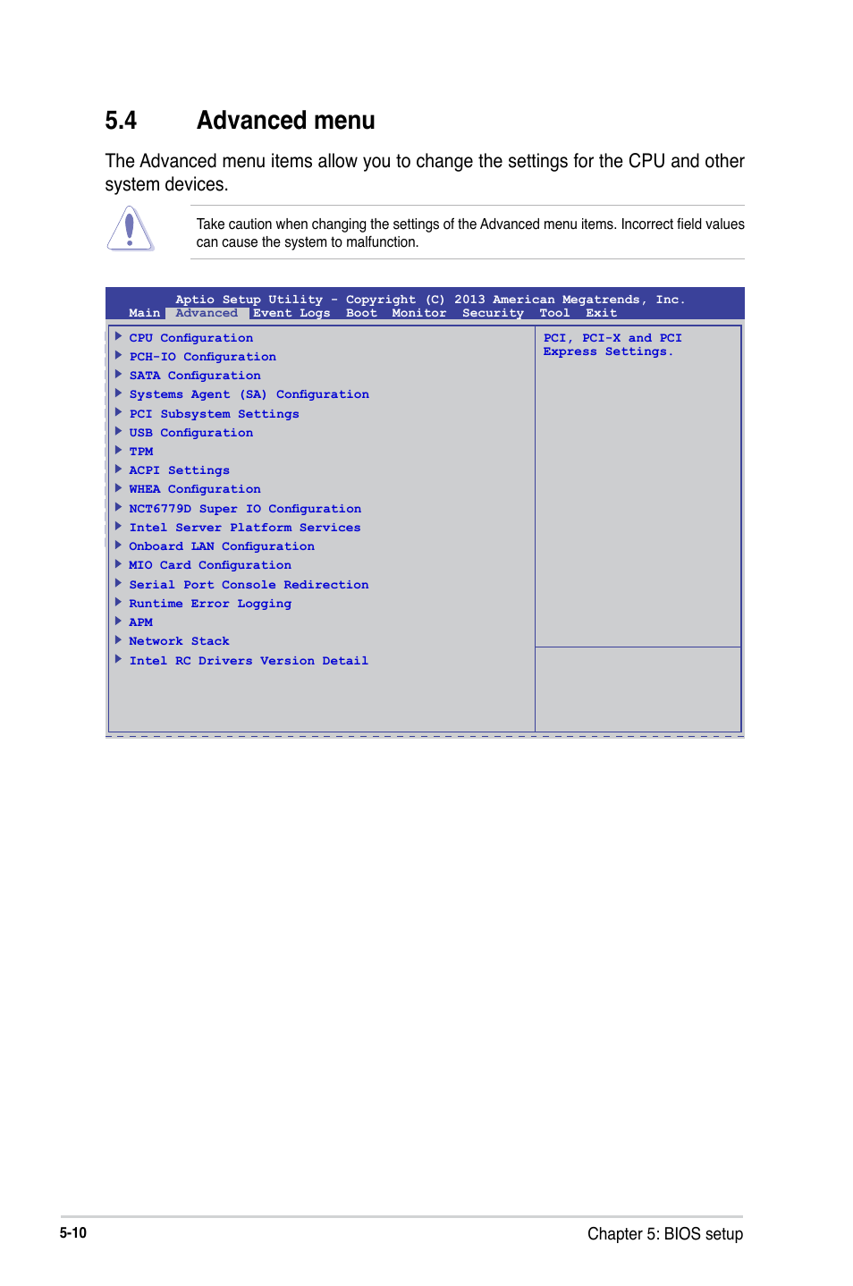 4 advanced menu, Chapter 5: bios setup | Asus RS300-E8-RS4 User Manual | Page 80 / 158