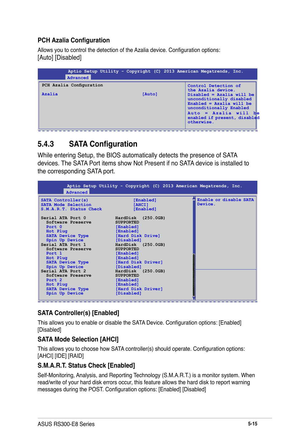 3 sata configuration, Sata mode selection [ahci, S.m.a.r.t. status check [enabled | Pch azalia configuration, Auto] [disabled | Asus RS300-E8-RS4 User Manual | Page 85 / 158