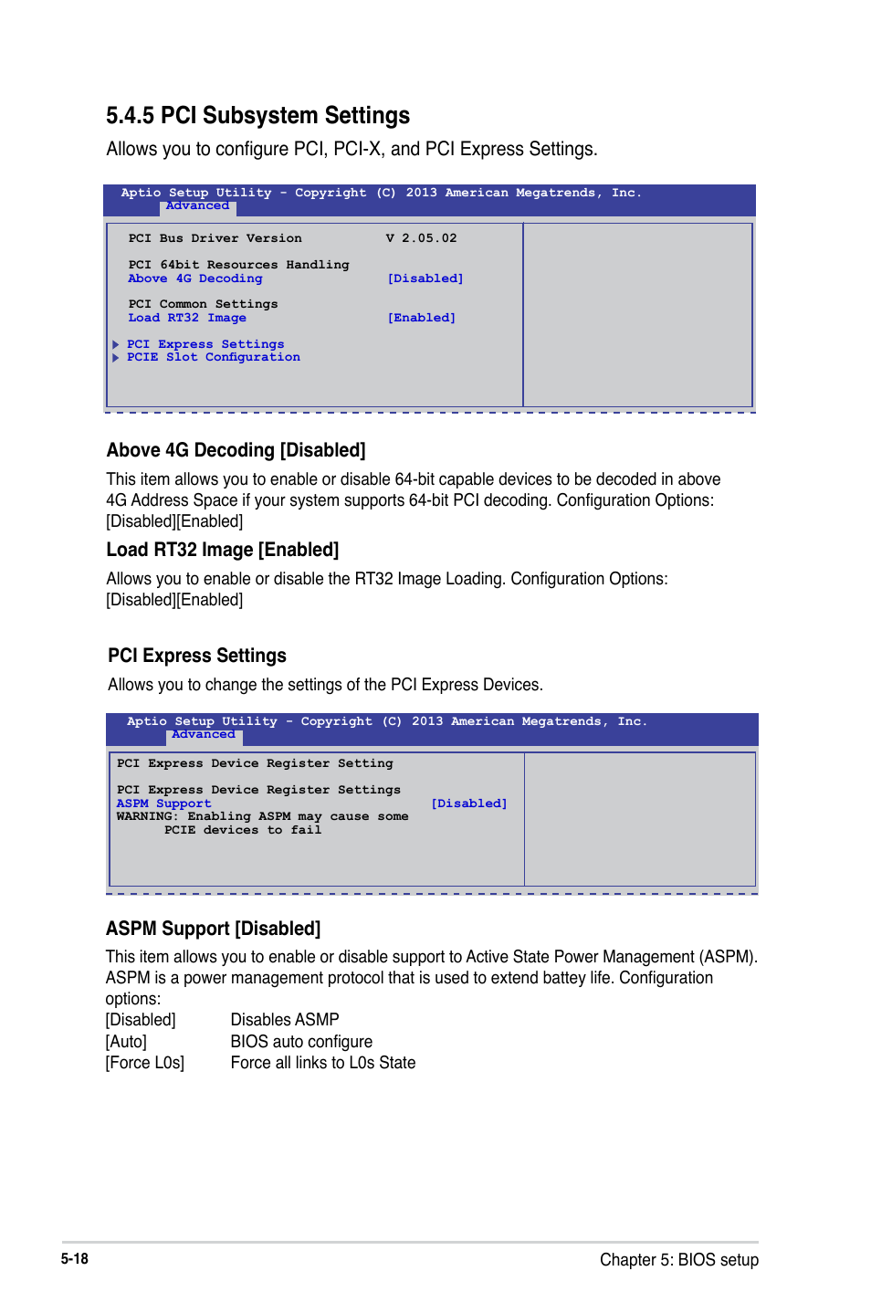 5 pci subsystem settings, Load rt32 image [enabled, Pci express settings | Aspm support [disabled | Asus RS300-E8-RS4 User Manual | Page 88 / 158