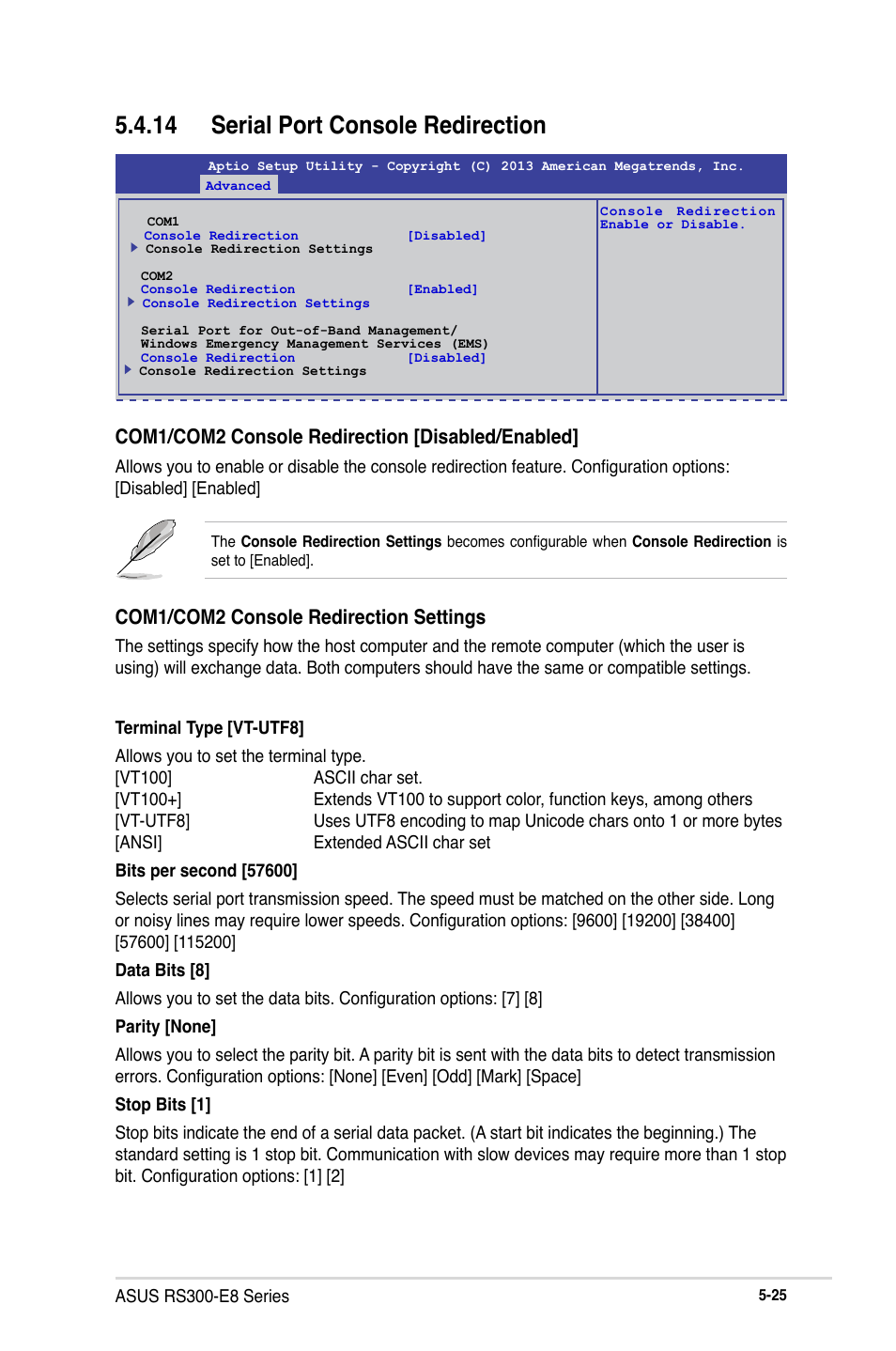 14 serial port console redirection, Com1/com2 console redirection [disabled/enabled, Com1/com2 console redirection settings | Asus RS300-E8-RS4 User Manual | Page 95 / 158