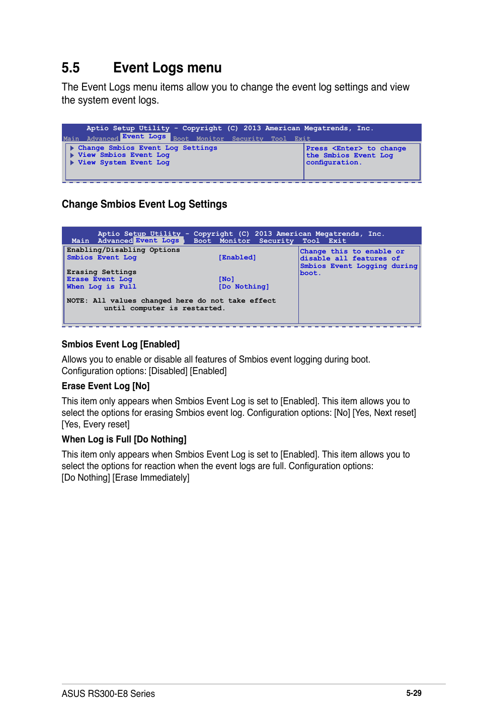 5 event logs menu, Change smbios event log settings | Asus RS300-E8-RS4 User Manual | Page 99 / 158