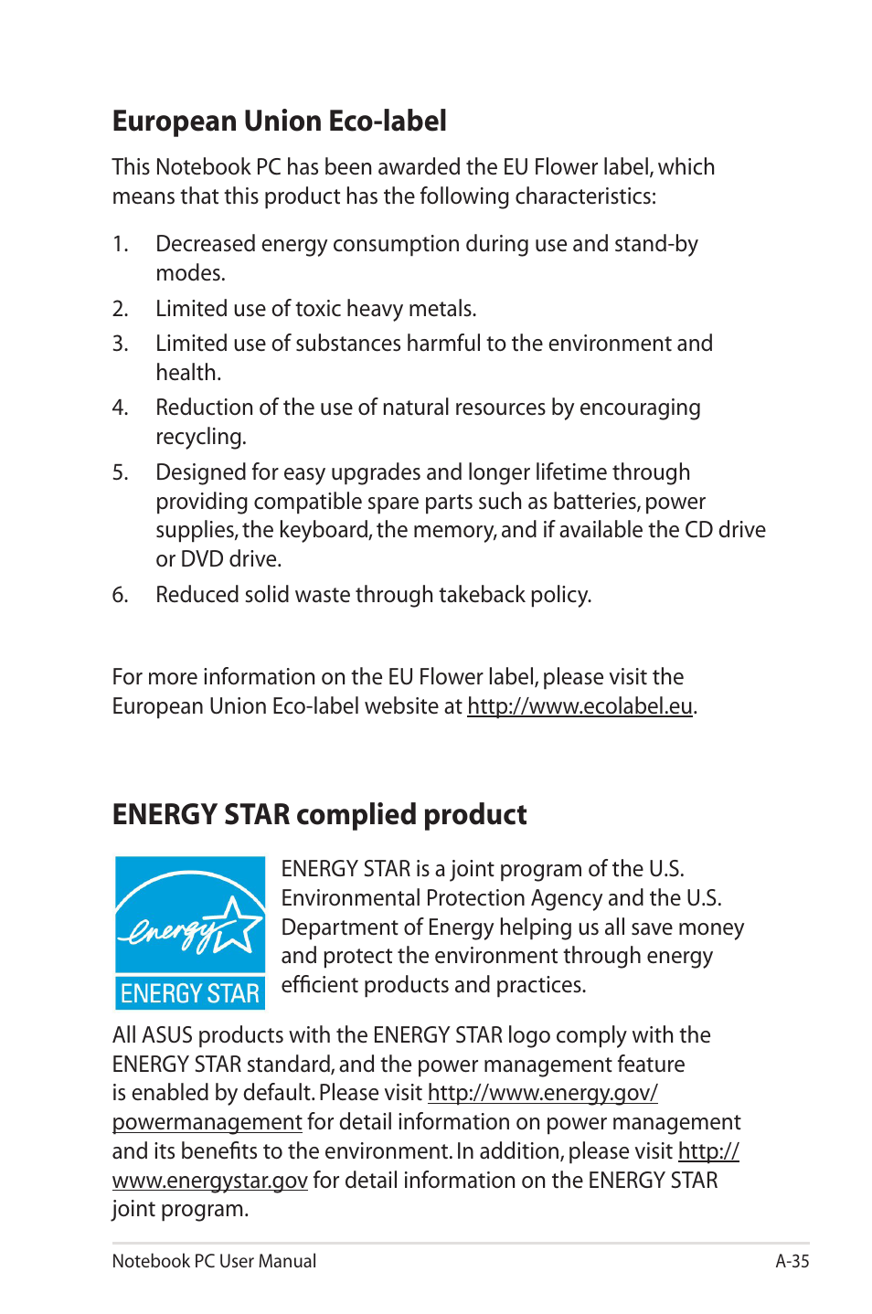 European union eco-label, Energy star complied product | Asus X4ISV User Manual | Page 111 / 116