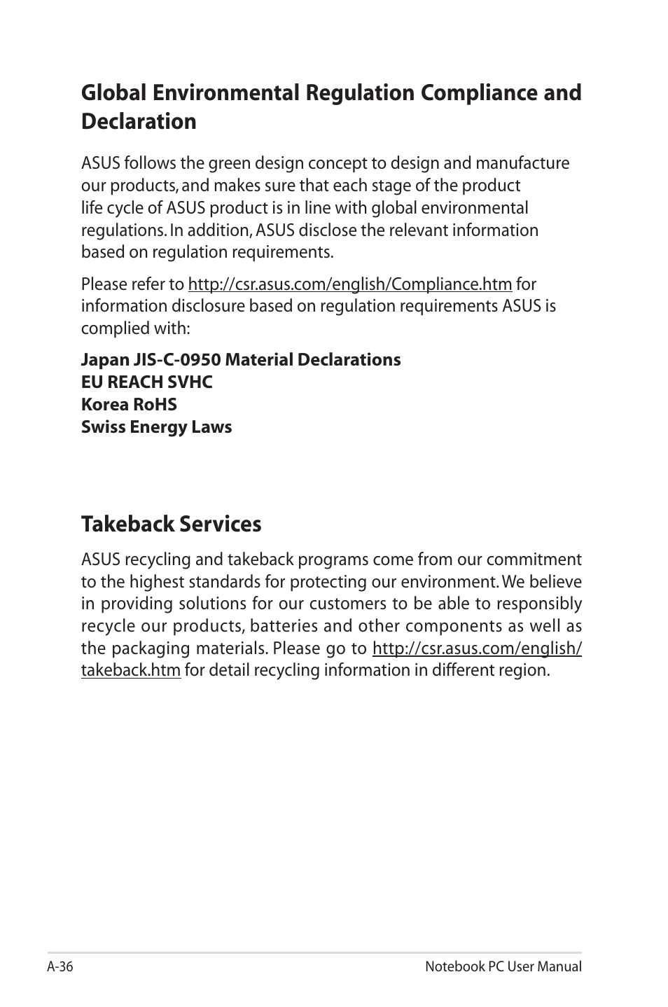 Takeback services | Asus X4ISV User Manual | Page 112 / 116