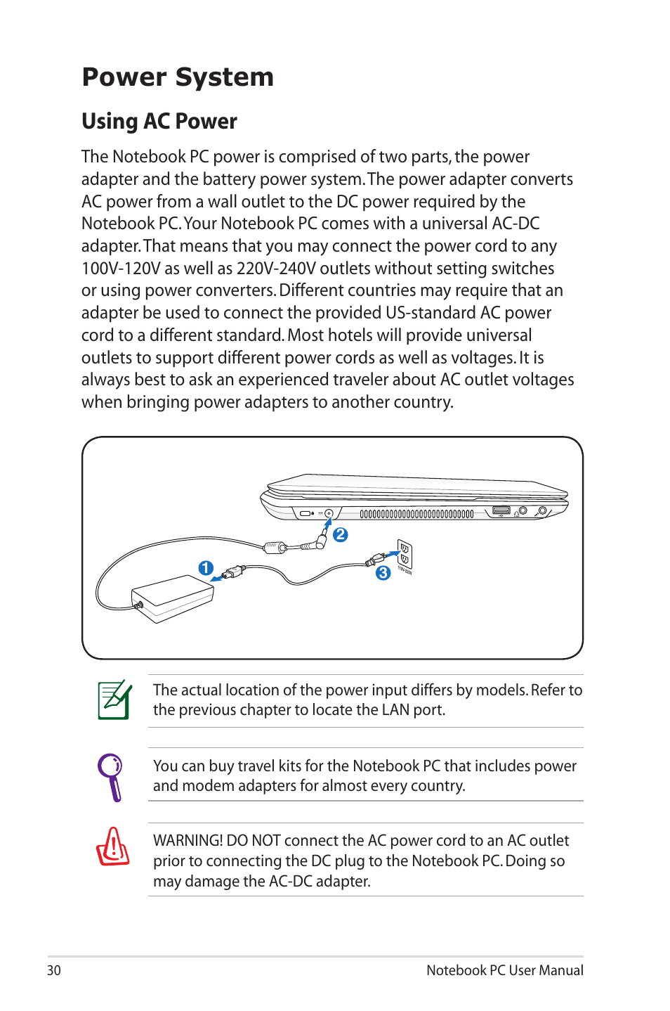 Power system, Using ac power | Asus X4ISV User Manual | Page 30 / 116