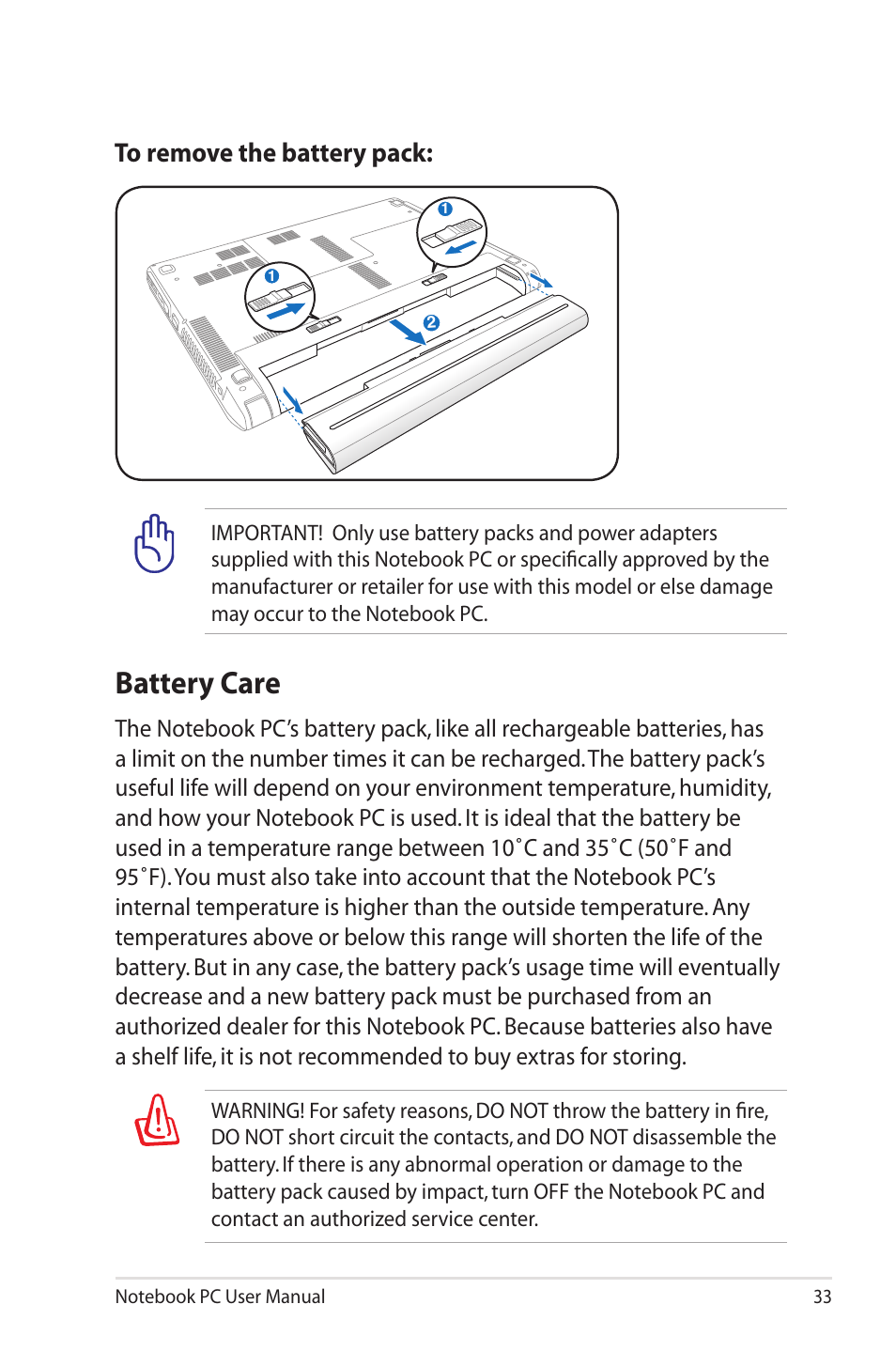 Battery care | Asus X4ISV User Manual | Page 33 / 116