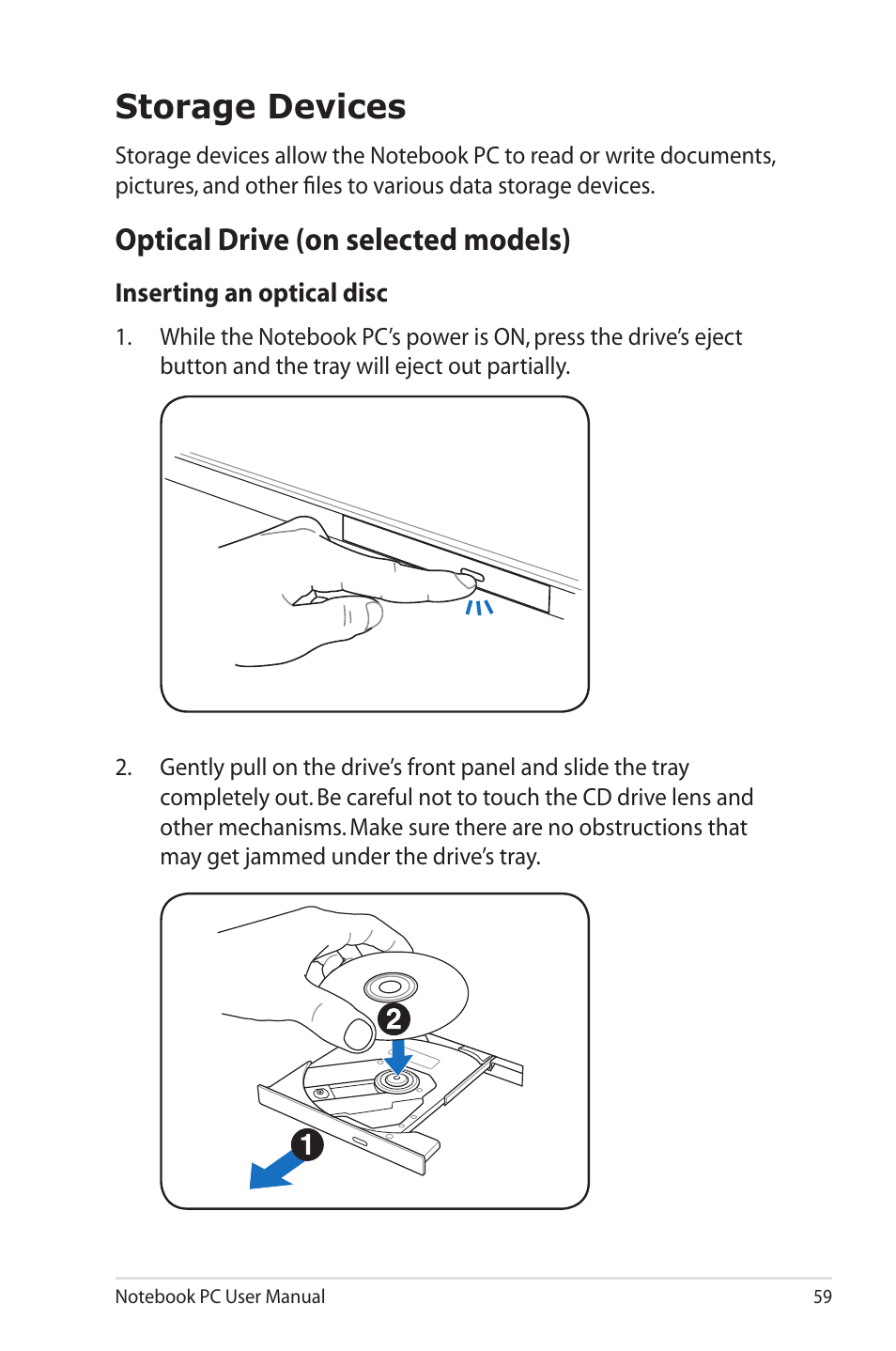 Storage devices, Optical drive (on selected models) | Asus X4ISV User Manual | Page 59 / 116