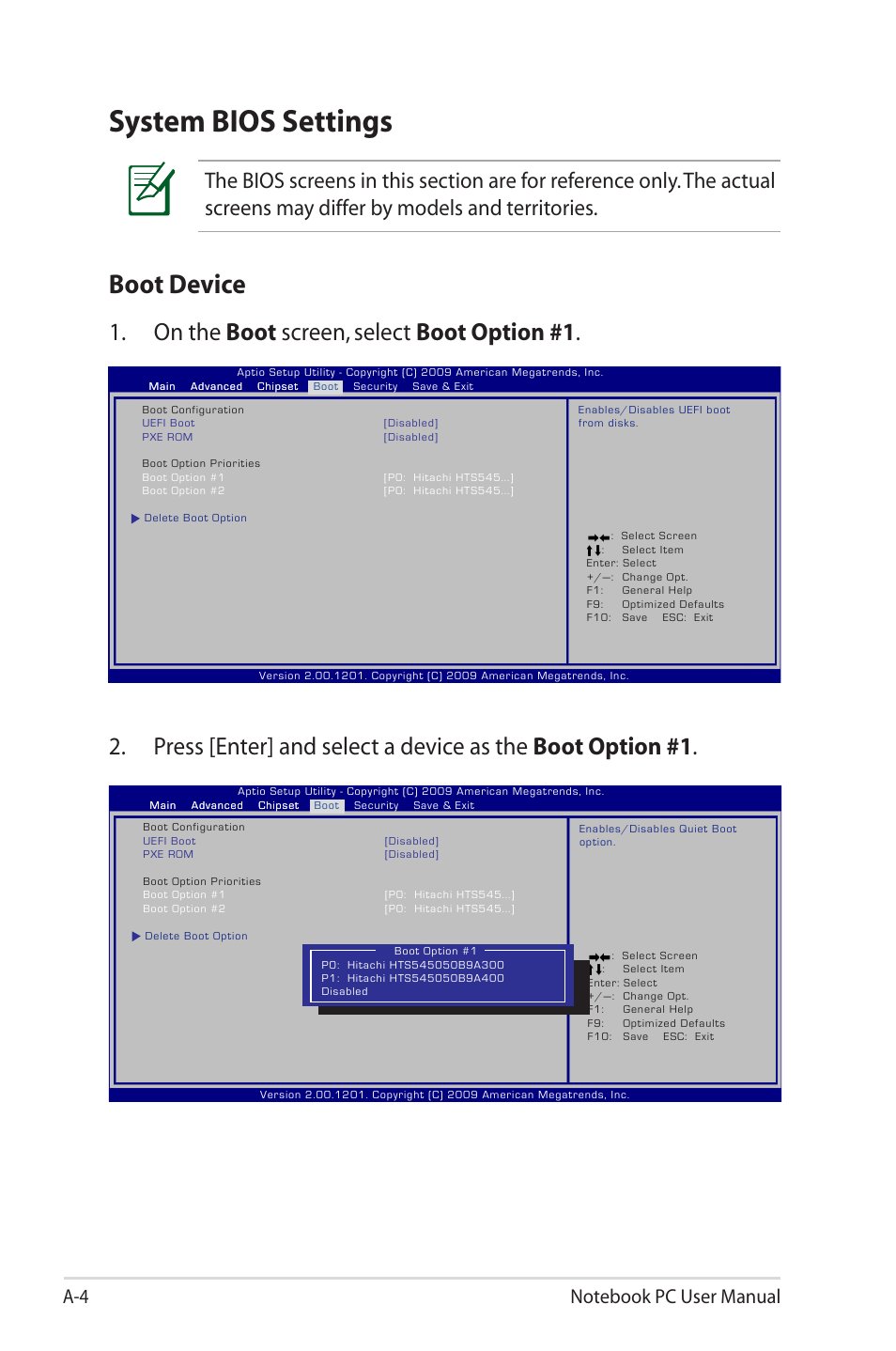 System bios settings, Boot device, On the boot screen, select boot option #1 | Asus X4ISV User Manual | Page 80 / 116