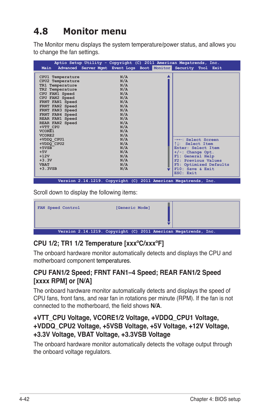 8 monitor menu, Monitor menu -42, Monitor menu -44 | Asus Z9NR-D12 User Manual | Page 106 / 190
