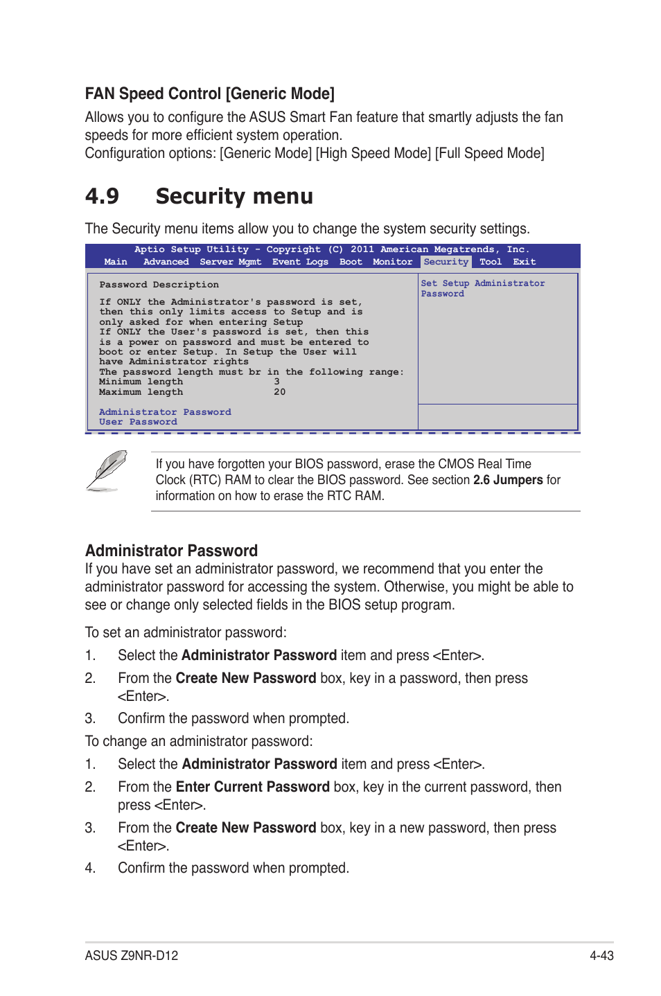 9 security menu, Security menu -43, Security menu -45 | Fan speed control [generic mode, Administrator password | Asus Z9NR-D12 User Manual | Page 107 / 190