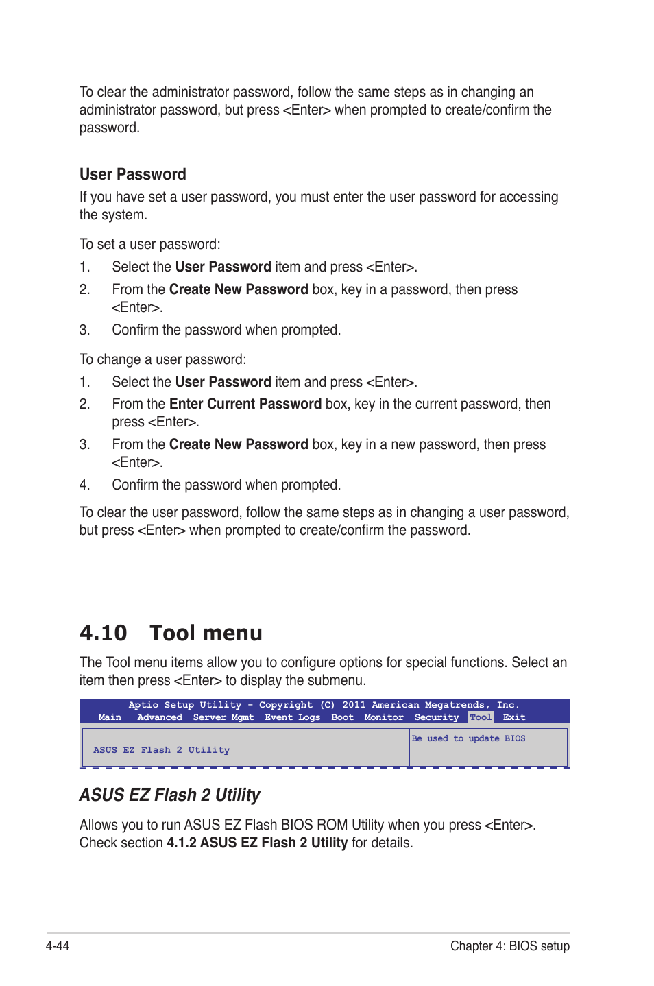 10 tool menu, 10 tool menu -44, 10 tool menu -46 | Asus ez flash 2 utility, User password | Asus Z9NR-D12 User Manual | Page 108 / 190