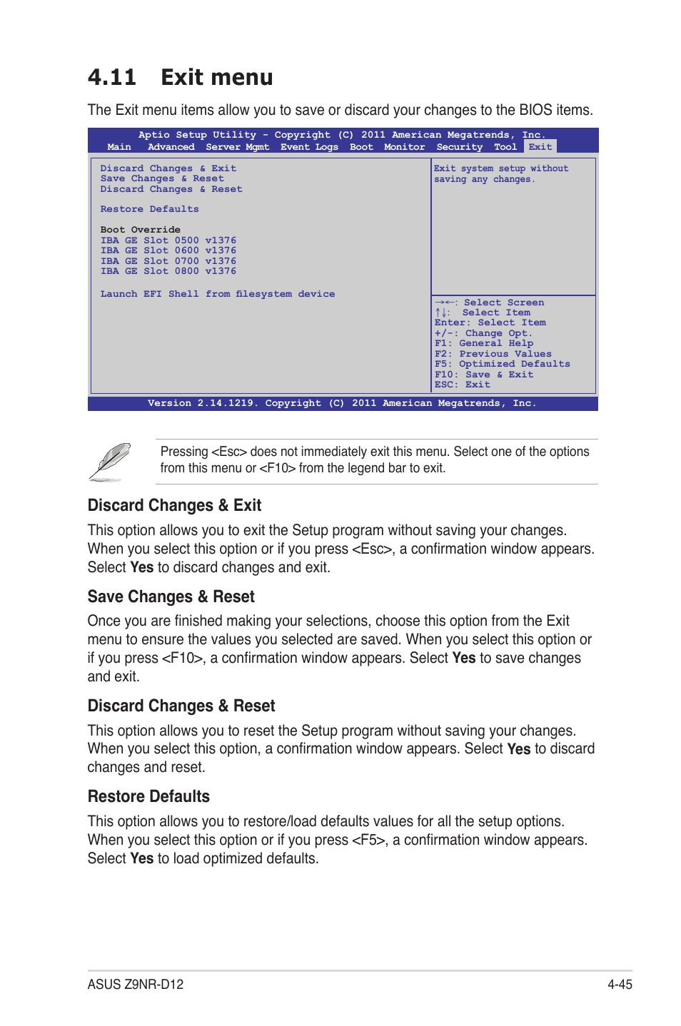 11 exit menu, 11 exit menu -45, 11 exit menu -47 | Discard changes & exit, Save changes & reset, Discard changes & reset, Restore defaults | Asus Z9NR-D12 User Manual | Page 109 / 190