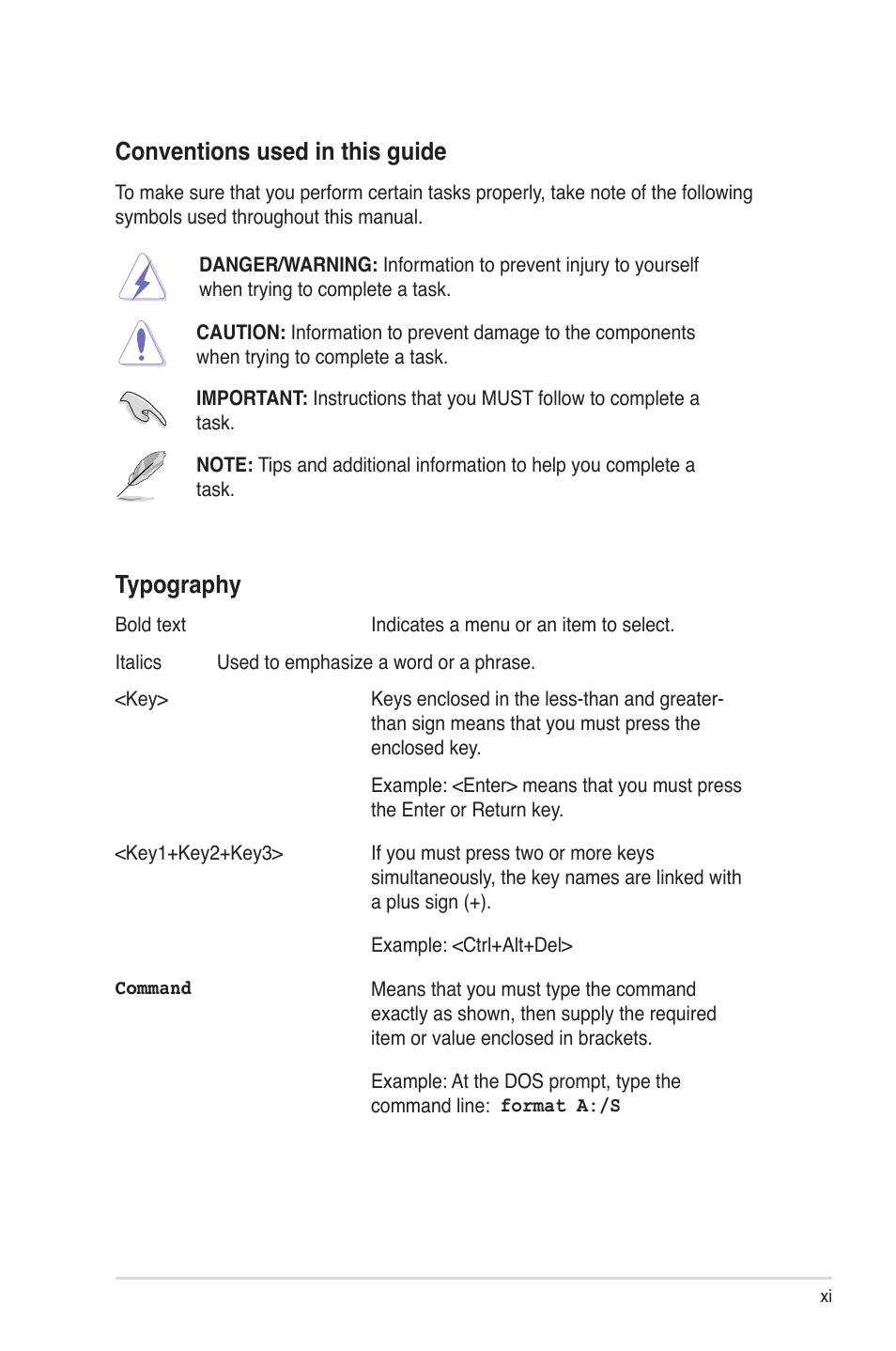 Conventions used in this guide, Typography | Asus Z9NR-D12 User Manual | Page 11 / 190