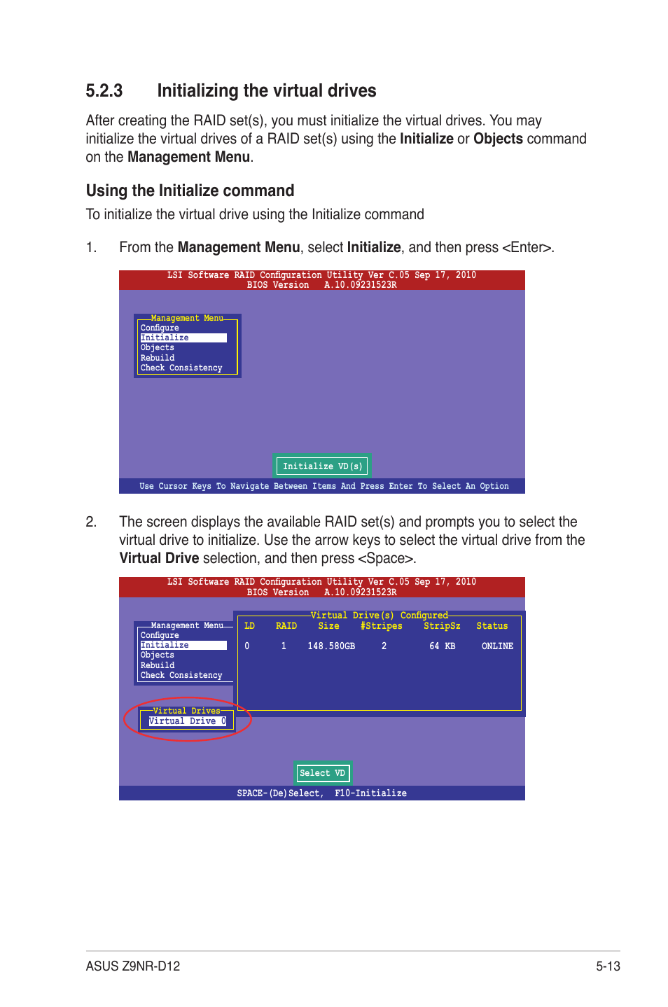3 initializing the virtual drives, Initializing the virtual drives -13, Using the initialize command | Asus Z9NR-D12 User Manual | Page 123 / 190