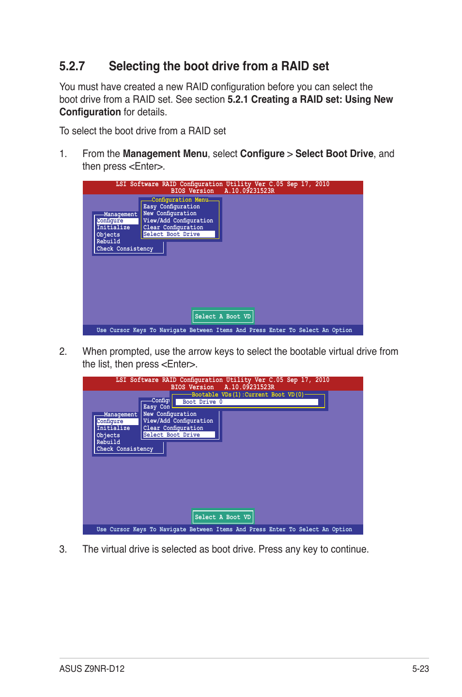 7 selecting the boot drive from a raid set, Selecting the boot drive from a raid set -23 | Asus Z9NR-D12 User Manual | Page 133 / 190