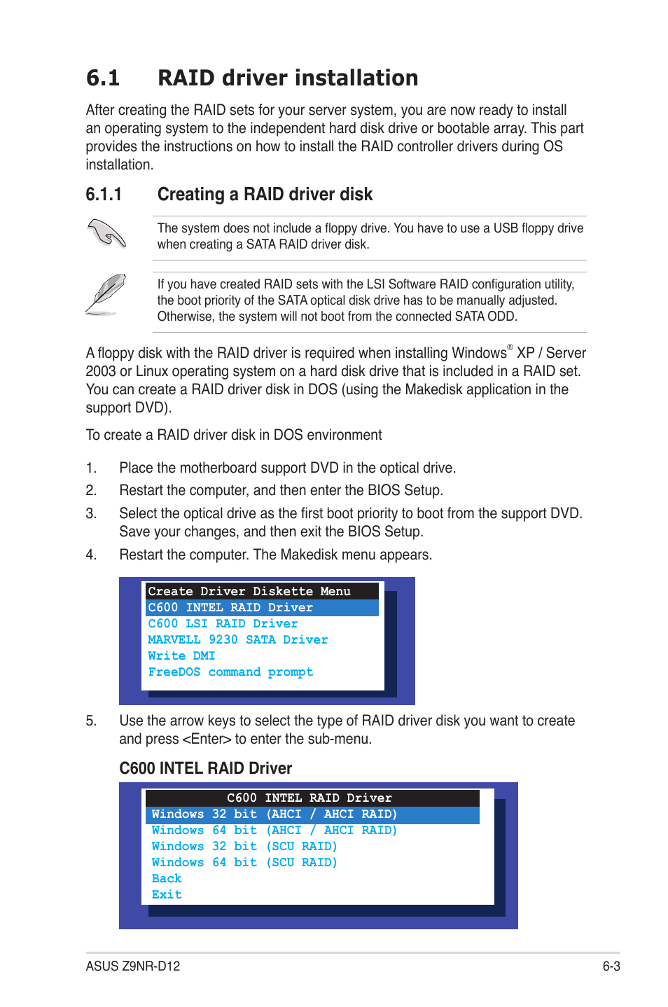 1 raid driver installation, 1 creating a raid driver disk, Raid driver installation -3 6.1.1 | Creating a raid driver disk -3, Raid driver installation -3 | Asus Z9NR-D12 User Manual | Page 153 / 190