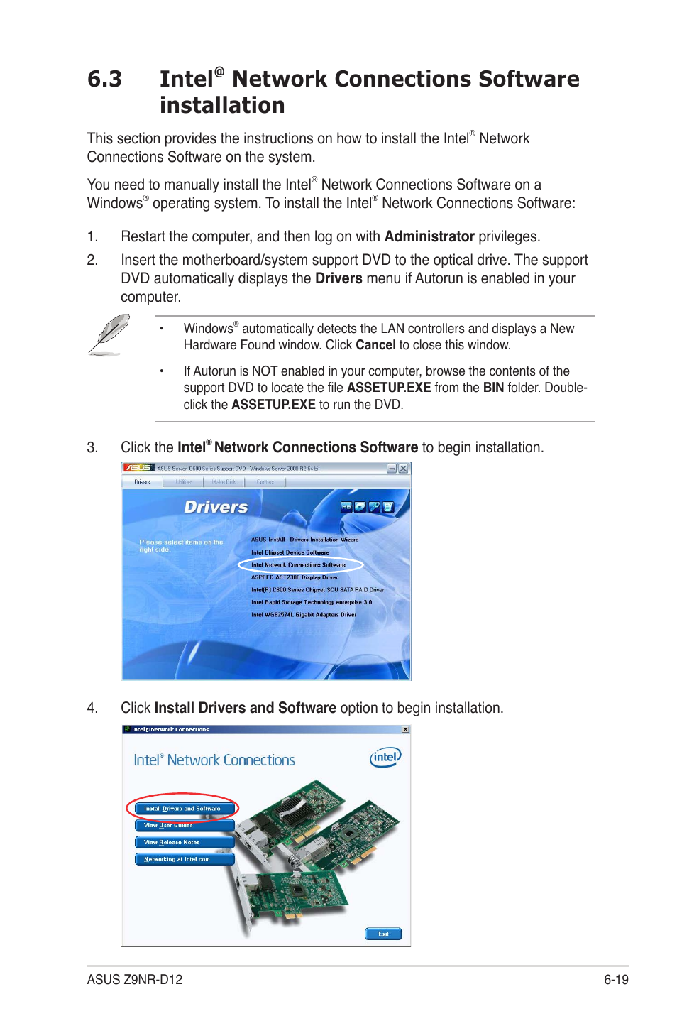 Intel, Network connections software installation -19, 3 intel | Network connections software installation | Asus Z9NR-D12 User Manual | Page 169 / 190