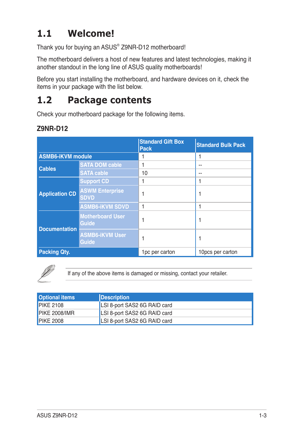 1 welcome, 2 package contents, Welcome! -3 | Package contents -3, Z9nr-d12 | Asus Z9NR-D12 User Manual | Page 17 / 190