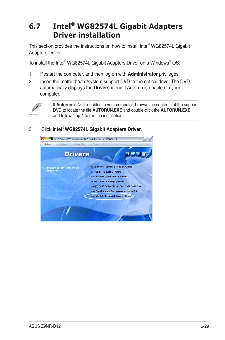 Intel, Wg82574l gigabit adapters driver installation -29, 7 intel | Asus Z9NR-D12 User Manual | Page 179 / 190