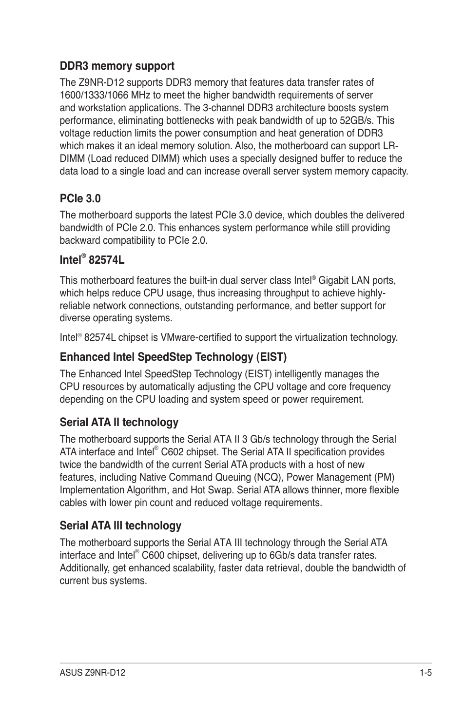 Pcie 3.0, Intel, Enhanced intel speedstep technology (eist) | Serial ata ii technology, Serial ata iii technology | Asus Z9NR-D12 User Manual | Page 19 / 190
