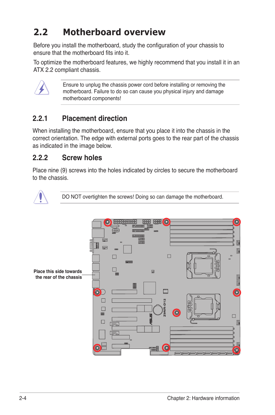 2 motherboard overview, 1 placement direction, 2 screw holes | Motherboard overview -4 2.2.1, Placement direction -4, Screw holes -4, Motherboard overview -4 | Asus Z9NR-D12 User Manual | Page 24 / 190