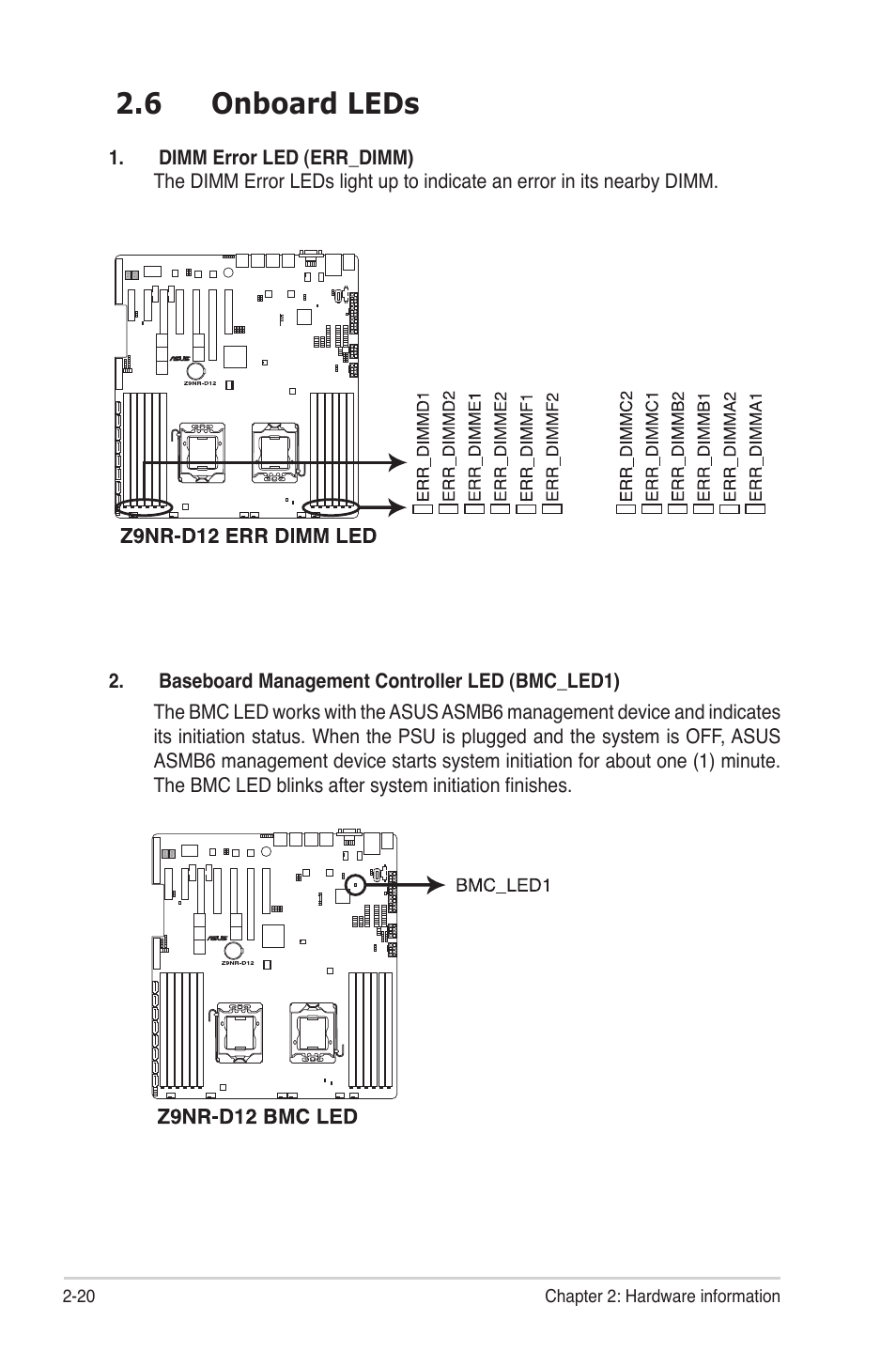 6 onboard leds, Onboard leds -20, Onboard leds -21 | Asus Z9NR-D12 User Manual | Page 40 / 190