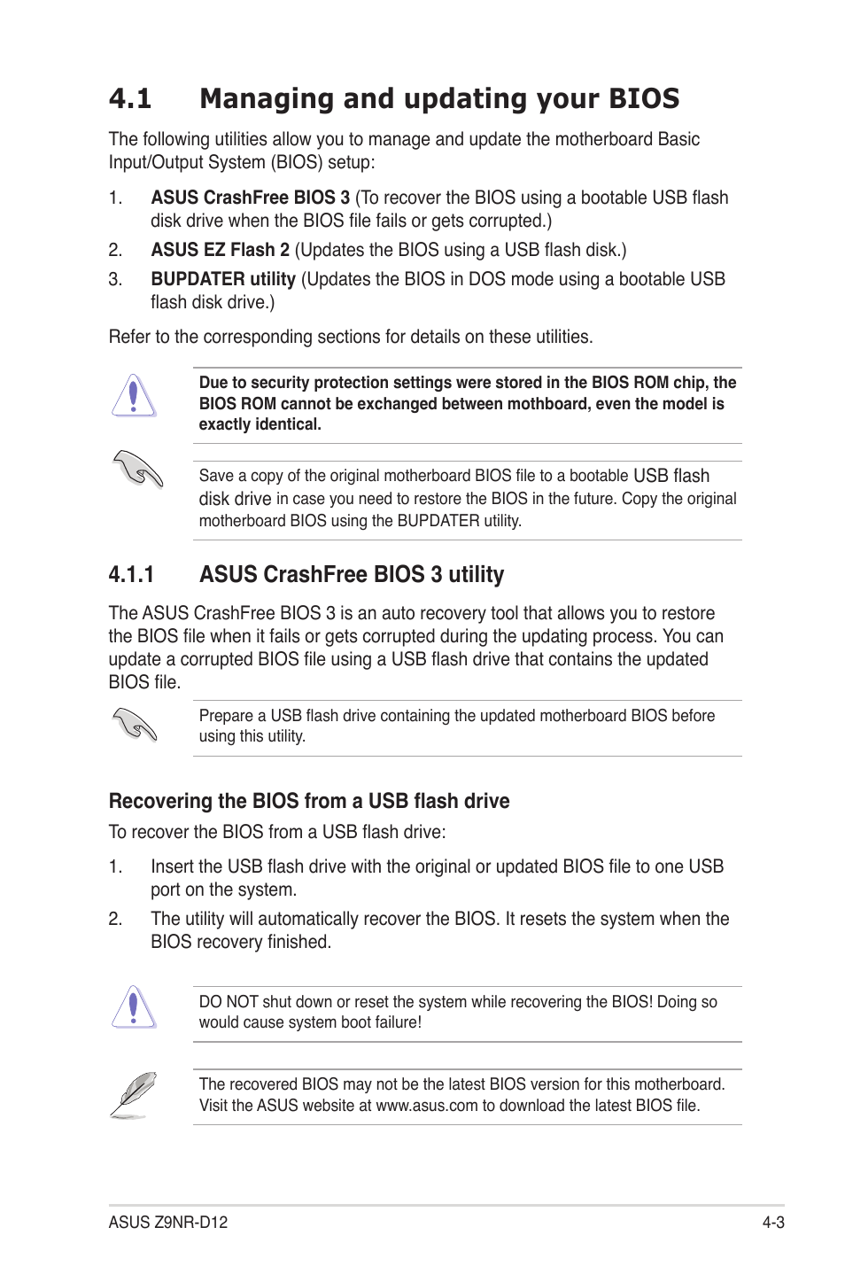 1 managing and updating your bios, 1 asus crashfree bios 3 utility, Managing and updating your bios -3 4.1.1 | Asus crashfree bios 3 utility -3, Managing and updating your bios -3 | Asus Z9NR-D12 User Manual | Page 67 / 190