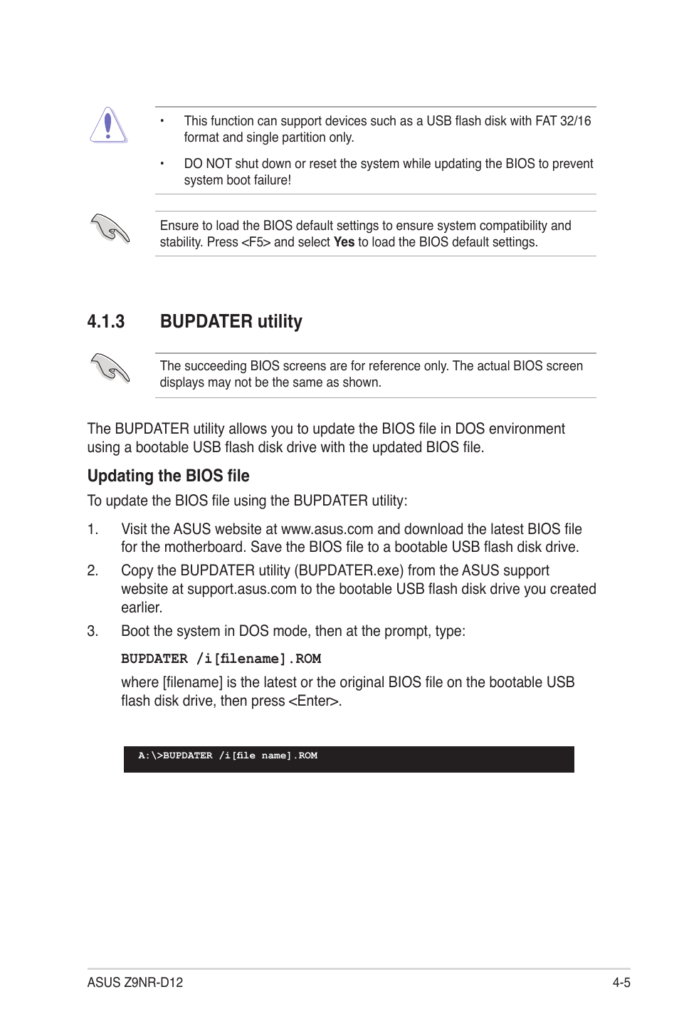 3 bupdater utility, Bupdater utility -5, Updating the bios file | Asus Z9NR-D12 User Manual | Page 69 / 190