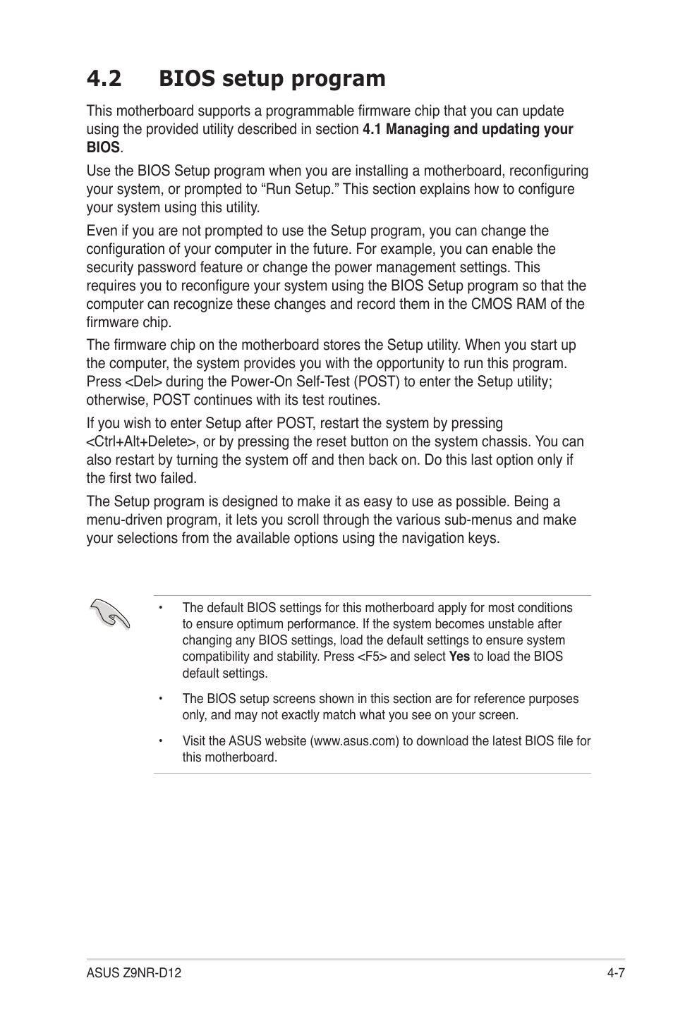 2 bios setup program, Bios setup program -7 | Asus Z9NR-D12 User Manual | Page 71 / 190