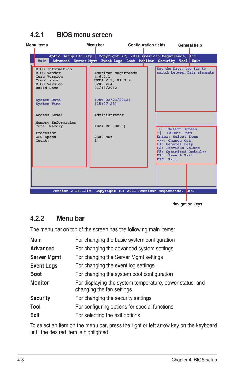 1 bios menu screen, 2 menu bar, Bios menu screen -8 | Menu bar -8 | Asus Z9NR-D12 User Manual | Page 72 / 190