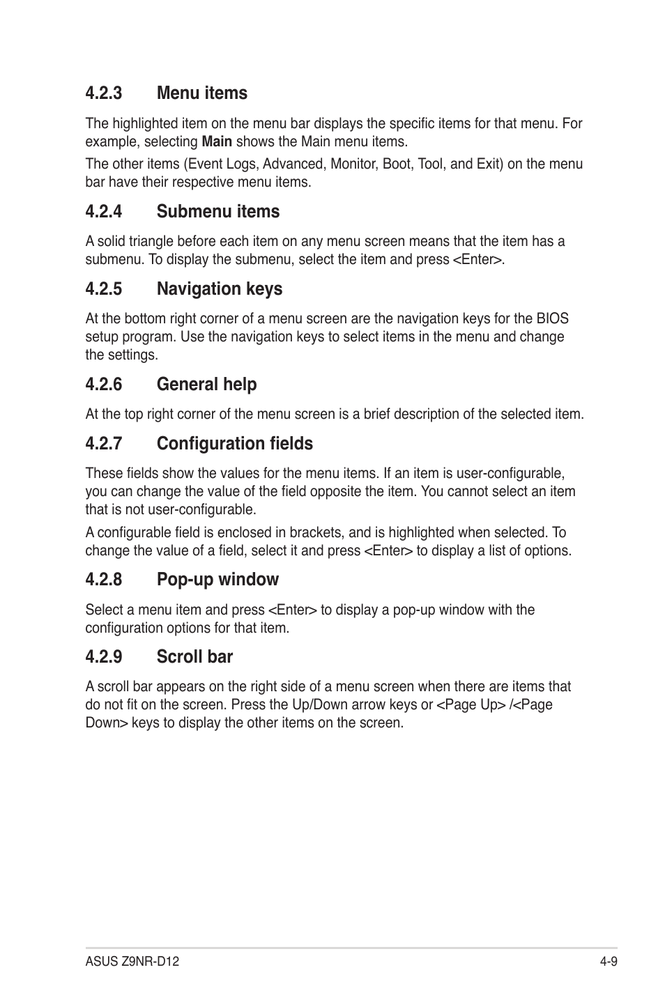 3 menu items, 4 submenu items, 5 navigation keys | 6 general help, 7 configuration fields, 8 pop-up window, 9 scroll bar, Menu items -9, Submenu items -9, Navigation keys -9 | Asus Z9NR-D12 User Manual | Page 73 / 190