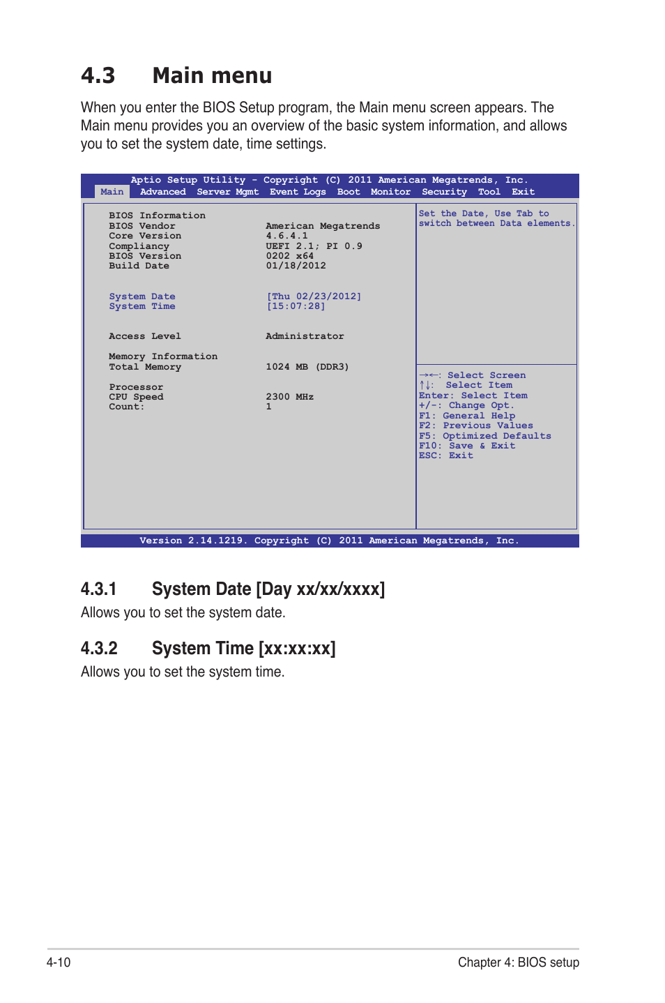 3 main menu, 1 system date [day xx/xx/xxxx, 2 system time [xx:xx:xx | Main menu -10 4.3.1, System date [day xx/xx/xxxx] -10, System time [xx:xx:xx] -10, Main menu -10, Allows you to set the system date, Allows you to set the system time | Asus Z9NR-D12 User Manual | Page 74 / 190