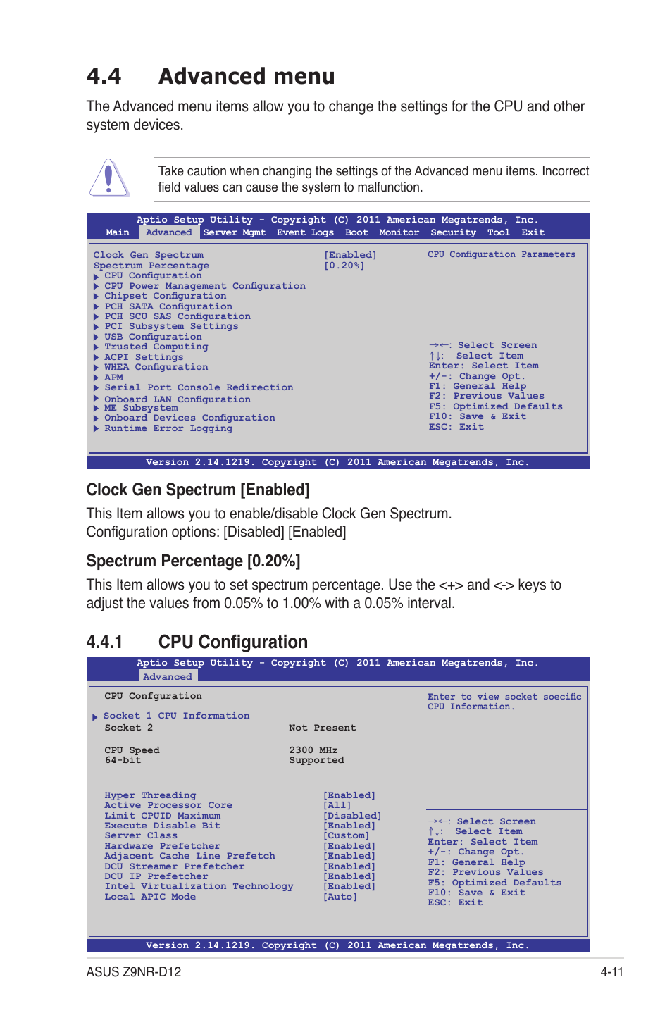 4 advanced menu, 1 cpu configuration, Advanced menu -11 4.4.1 | Cpu configuration -11, Advanced menu -11, Clock gen spectrum [enabled, Spectrum percentage [0.20 | Asus Z9NR-D12 User Manual | Page 75 / 190