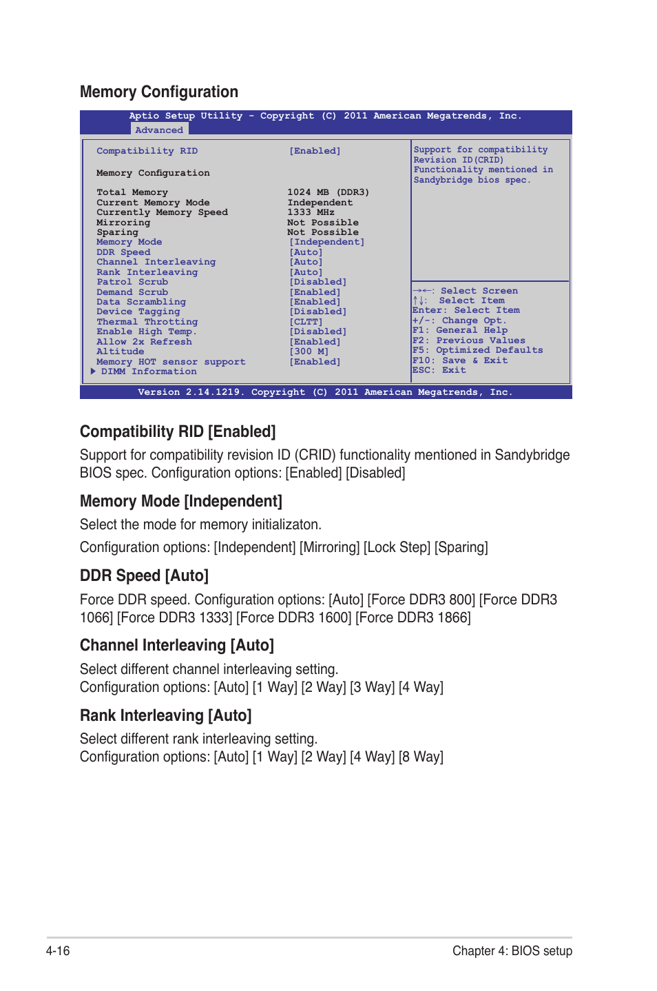 Compatibility rid [enabled, Ddr speed [auto, Channel interleaving [auto | Rank interleaving [auto, 16 chapter 4: bios setup | Asus Z9NR-D12 User Manual | Page 80 / 190