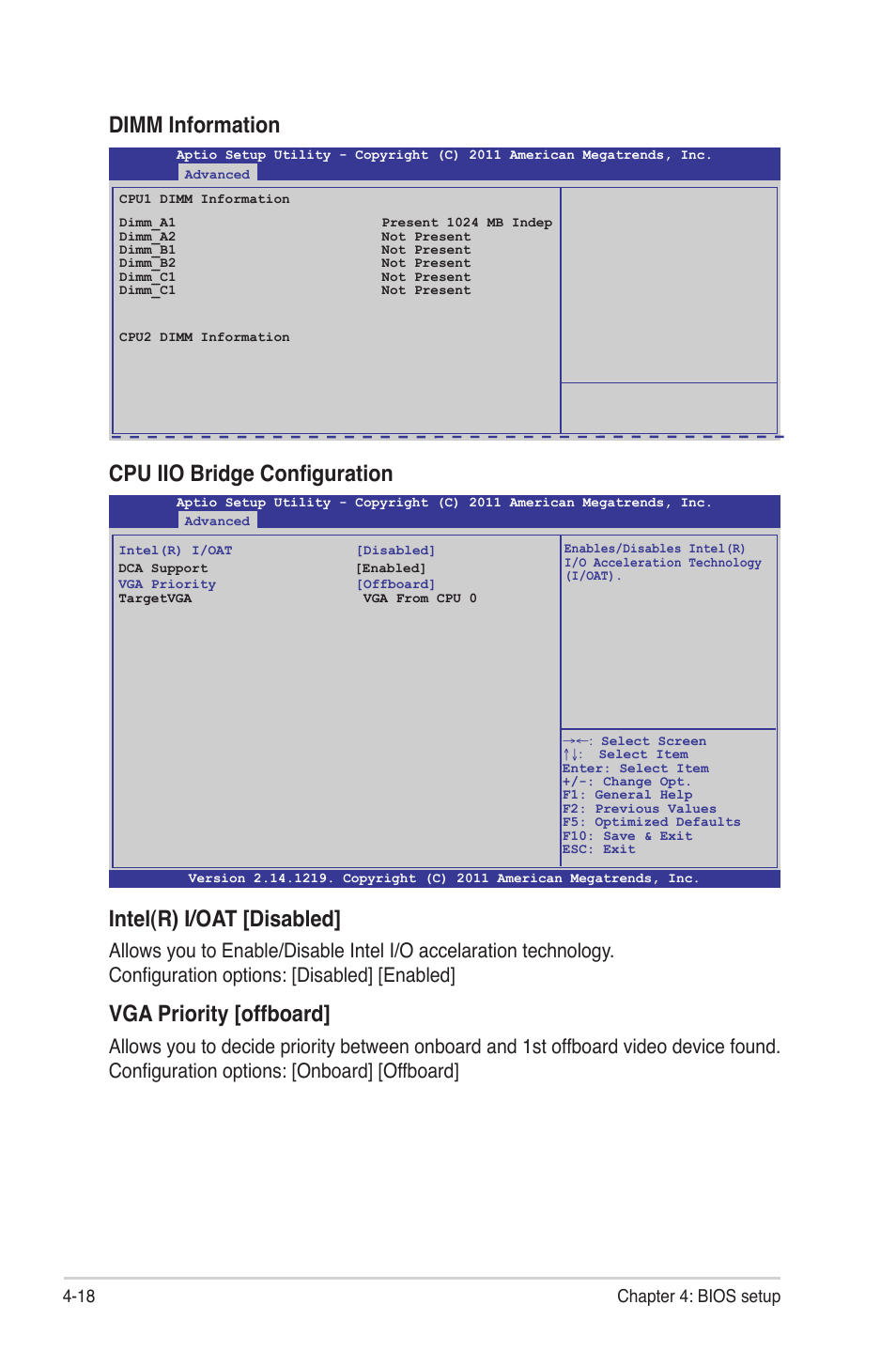 Intel(r) i/oat [disabled, Vga priority [offboard, Cpu iio bridge configuration | Dimm information, 18 chapter 4: bios setup | Asus Z9NR-D12 User Manual | Page 82 / 190