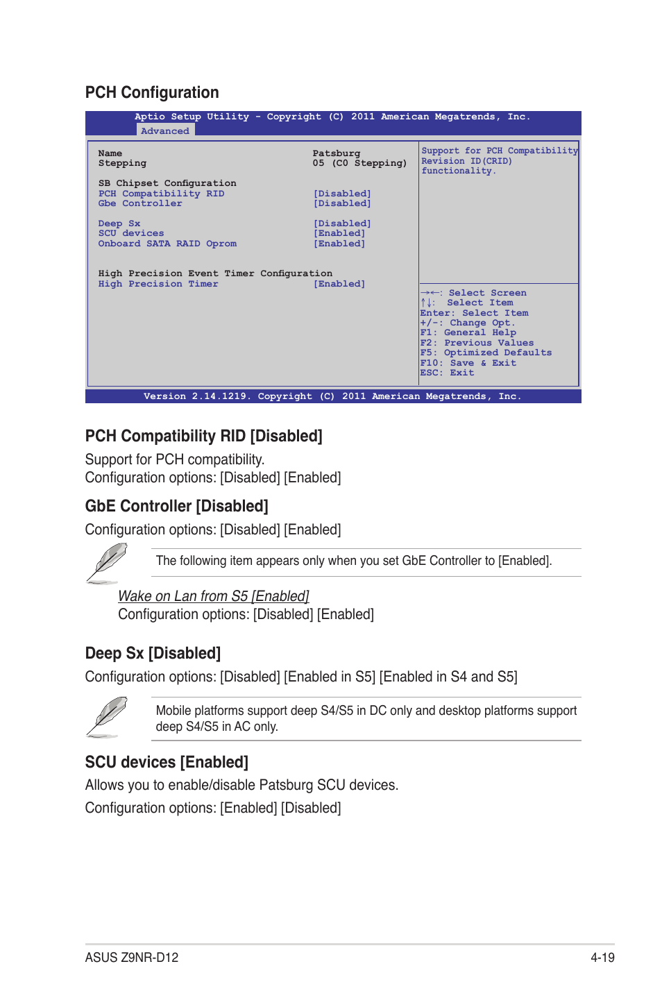 Pch configuration, Pch compatibility rid [disabled, Gbe controller [disabled | Deep sx [disabled, Scu devices [enabled, Configuration options: [disabled] [enabled | Asus Z9NR-D12 User Manual | Page 83 / 190