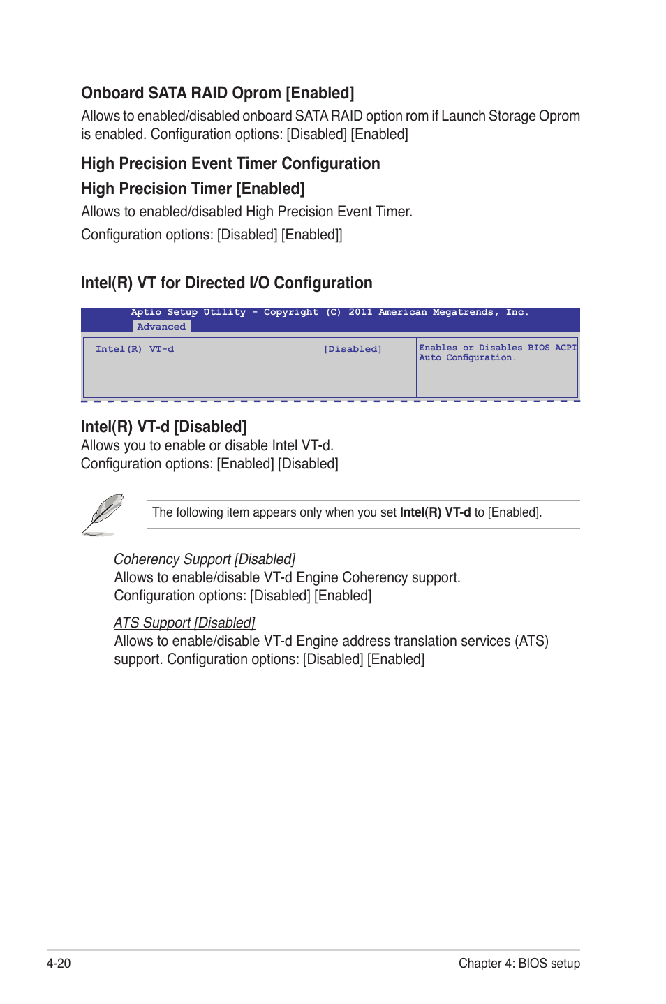 Intel(r) vt-d [disabled, Intel(r) vt for directed i/o configuration, Onboard sata raid oprom [enabled | Asus Z9NR-D12 User Manual | Page 84 / 190