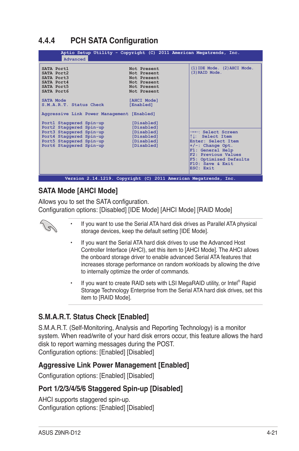 4 pch sata configuration, Pch sata configuration -21, Sata mode [ahci mode | S.m.a.r.t. status check [enabled, Aggressive link power management [enabled, Configuration options: [enabled] [disabled | Asus Z9NR-D12 User Manual | Page 85 / 190