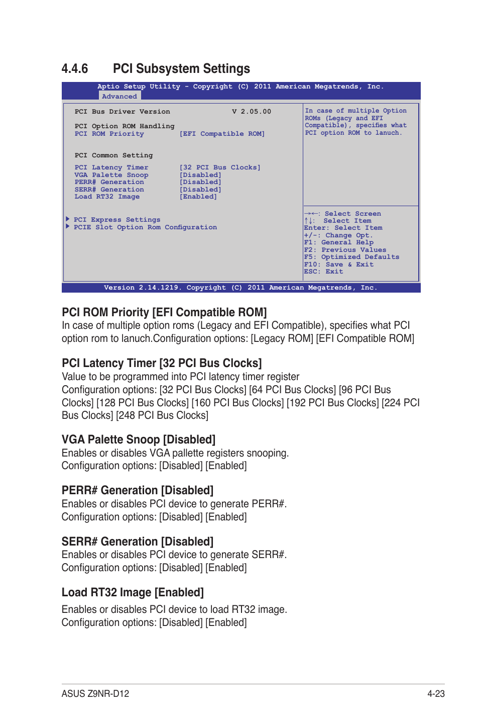 6 pci subsystem settings, Pci subsystem settings -23, Pci rom priority [efi compatible rom | Pci latency timer [32 pci bus clocks, Vga palette snoop [disabled, Perr# generation [disabled, Serr# generation [disabled, Load rt32 image [enabled | Asus Z9NR-D12 User Manual | Page 87 / 190