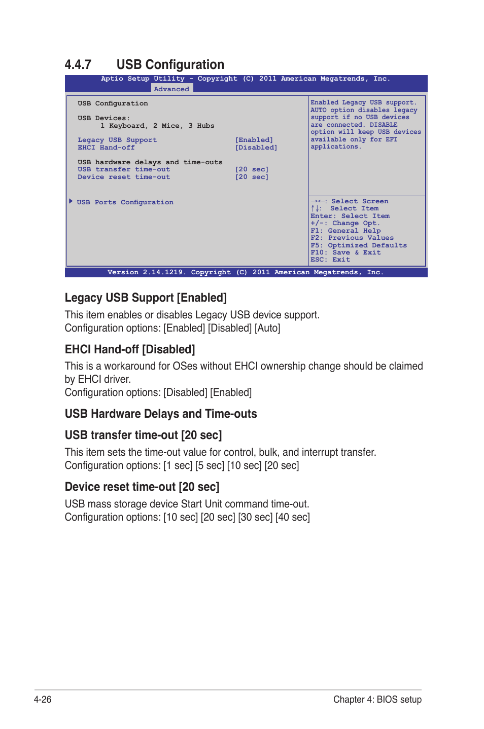 7 usb configuration, Usb configuration -26, Legacy usb support [enabled | Ehci hand-off [disabled, Device reset time-out [20 sec | Asus Z9NR-D12 User Manual | Page 90 / 190